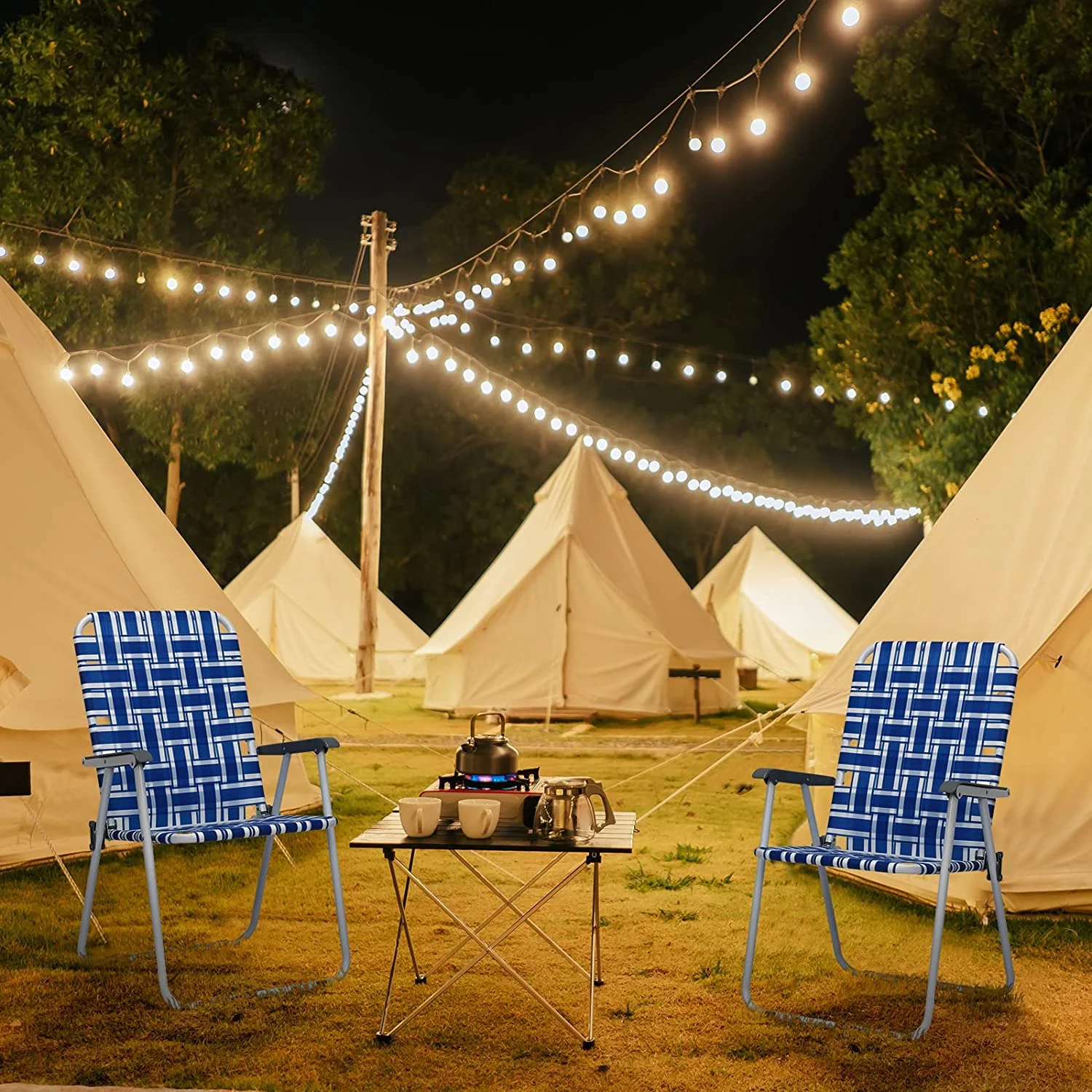 Webbed Lawn Chairs Set of 2, Foldable Metal Patio Chairs Stable Steel Outdoor Chair for Camping, Fishing, Beach, Poolside, Backyard and BBQ (Blue&White)