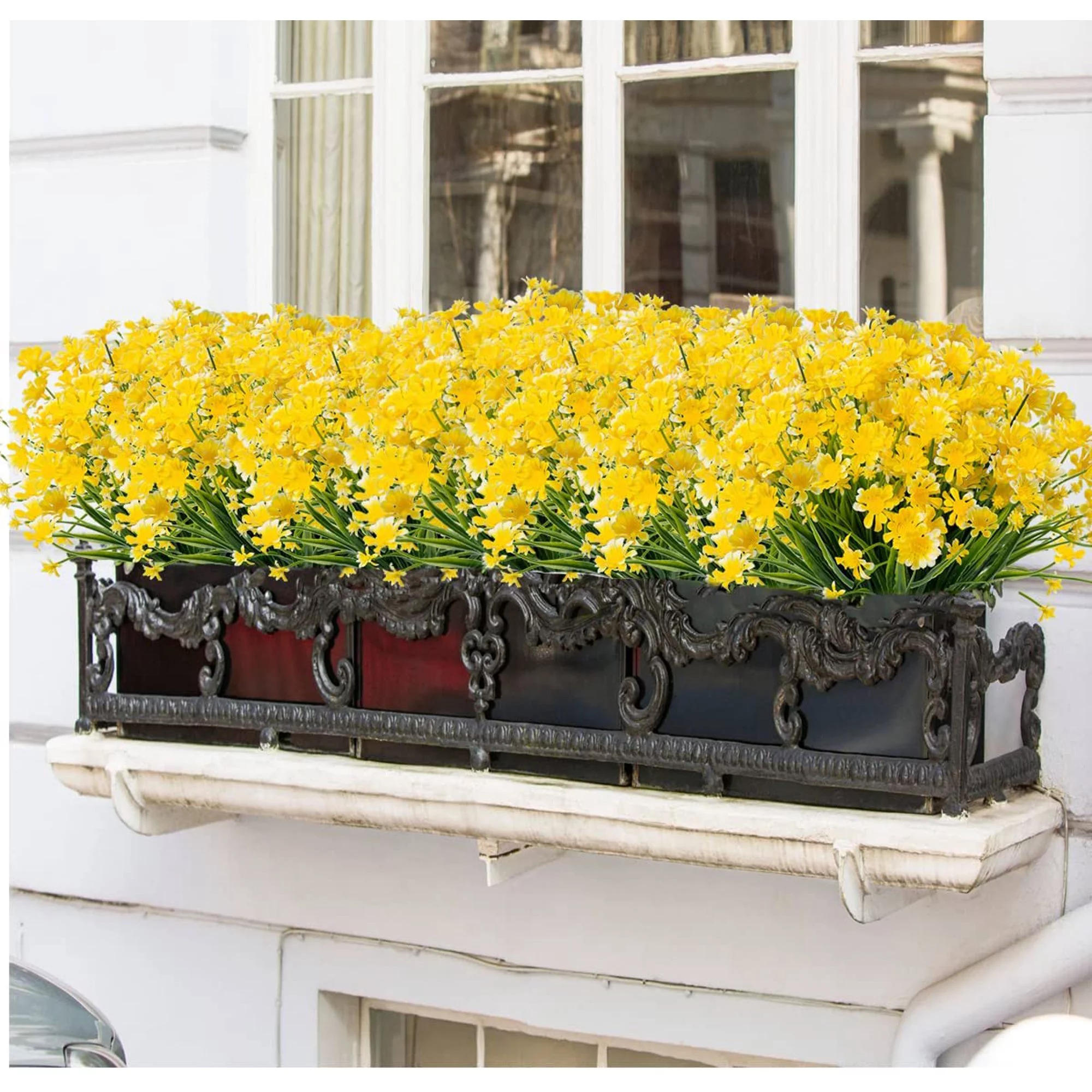 Morttic 4 Bundles Artificial Daisy Mums Flowers, Outdoor Fake Fall Flowers UV Resistant for Decoration Faux Plastic Autumn Flower Garden Porch Window Box Decor（Yellow）