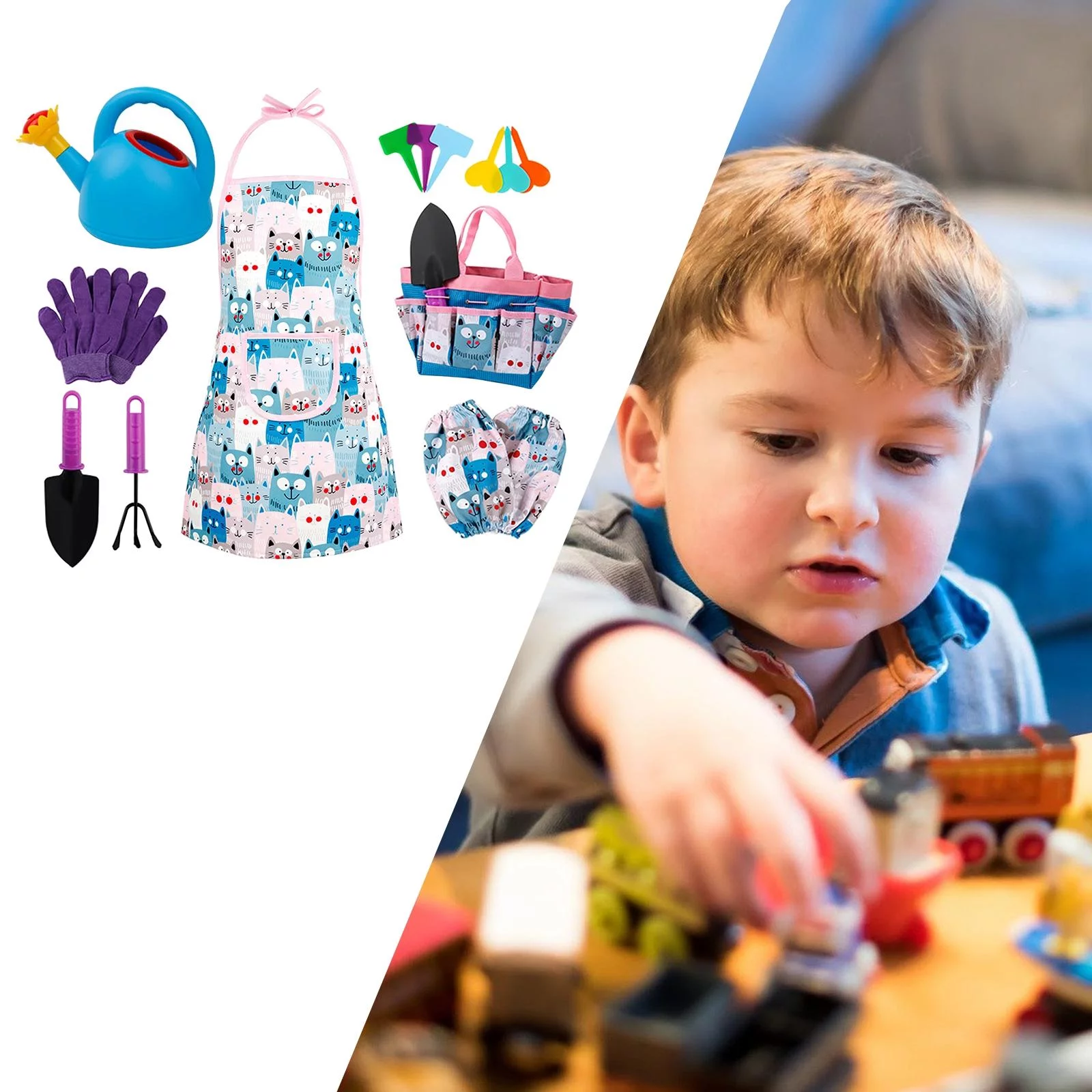Kids Garden Tool Set, 6 Grounding Stakes, Blue Watering Can, Toddlers Gloves Cat Pattern Apron Child Rake Toys Birthday with Handbag Hand Tools
