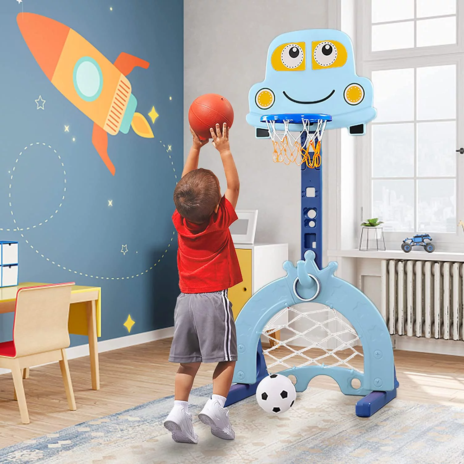 4-in-1 Toddler Basketball Hoop, Adjustable Height Kids Basketball Hoop with Soccer Goal Ring Toss Golf Play Set, Basketball Hoop for Kids Indoor Outdoor Sports
