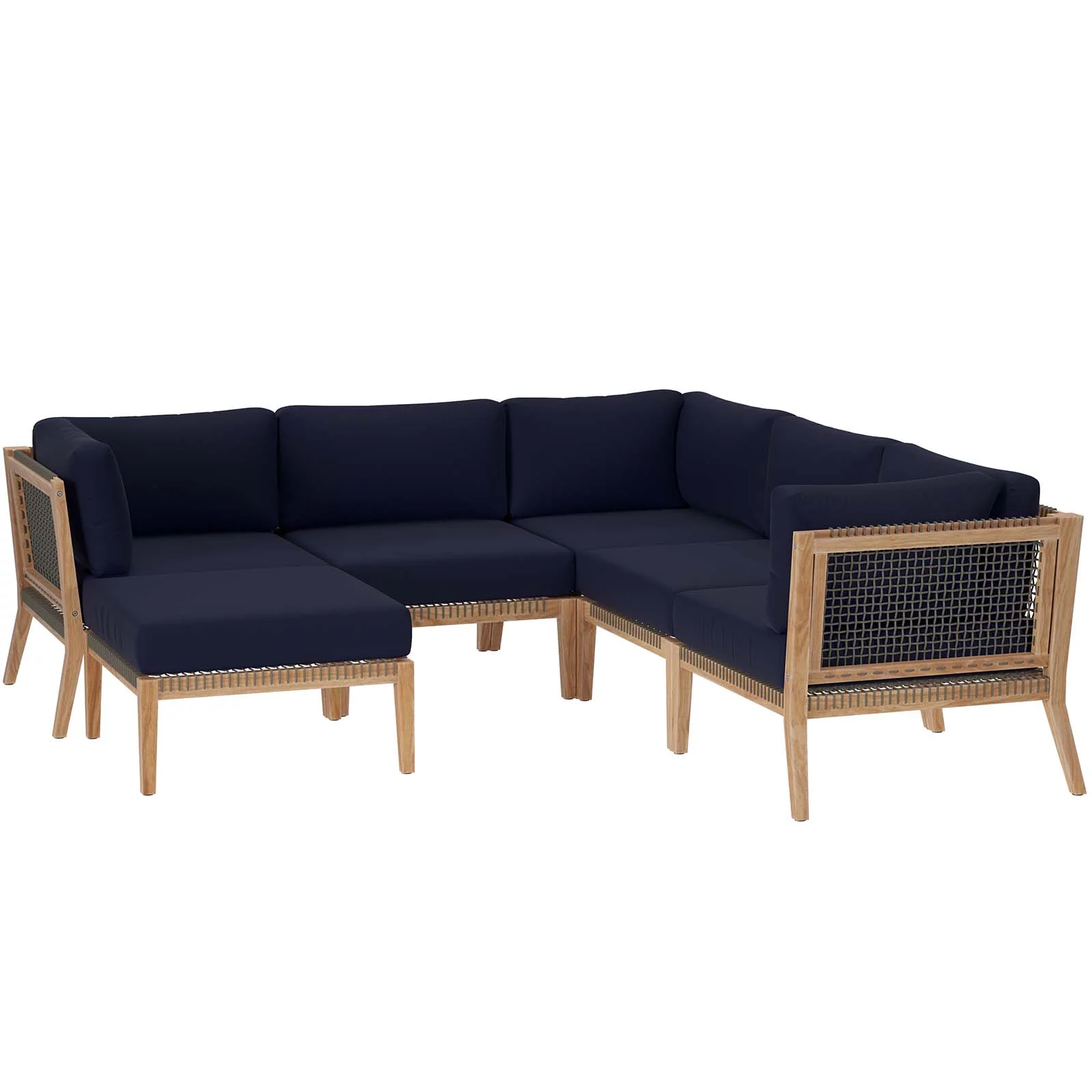 Lounge Sectional Sofa Set, Blue Navy Natural, Teak Wood, Outdoor Patio Balcony Cafe Bistro Garden Hospitality Restaurant, Modern Contemporary HB34466