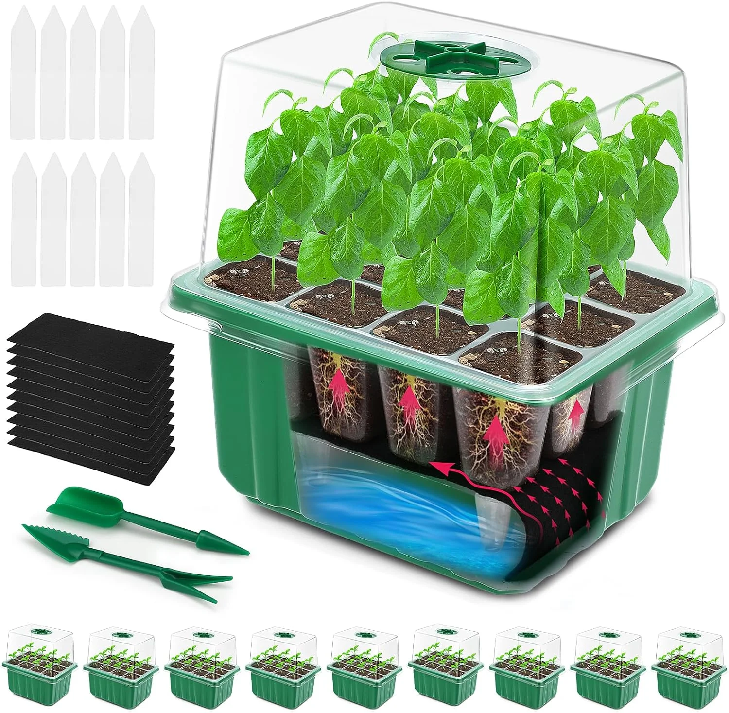 Seed Starter Tray,10 Packs 120 Cells Self Watering Seedling Starter Trays with Adjustable Humidity Domes, 4.25 inch Taller Seed Starter Kit with Heightened Lids for Greenhouse & Gardens, Green (z11)