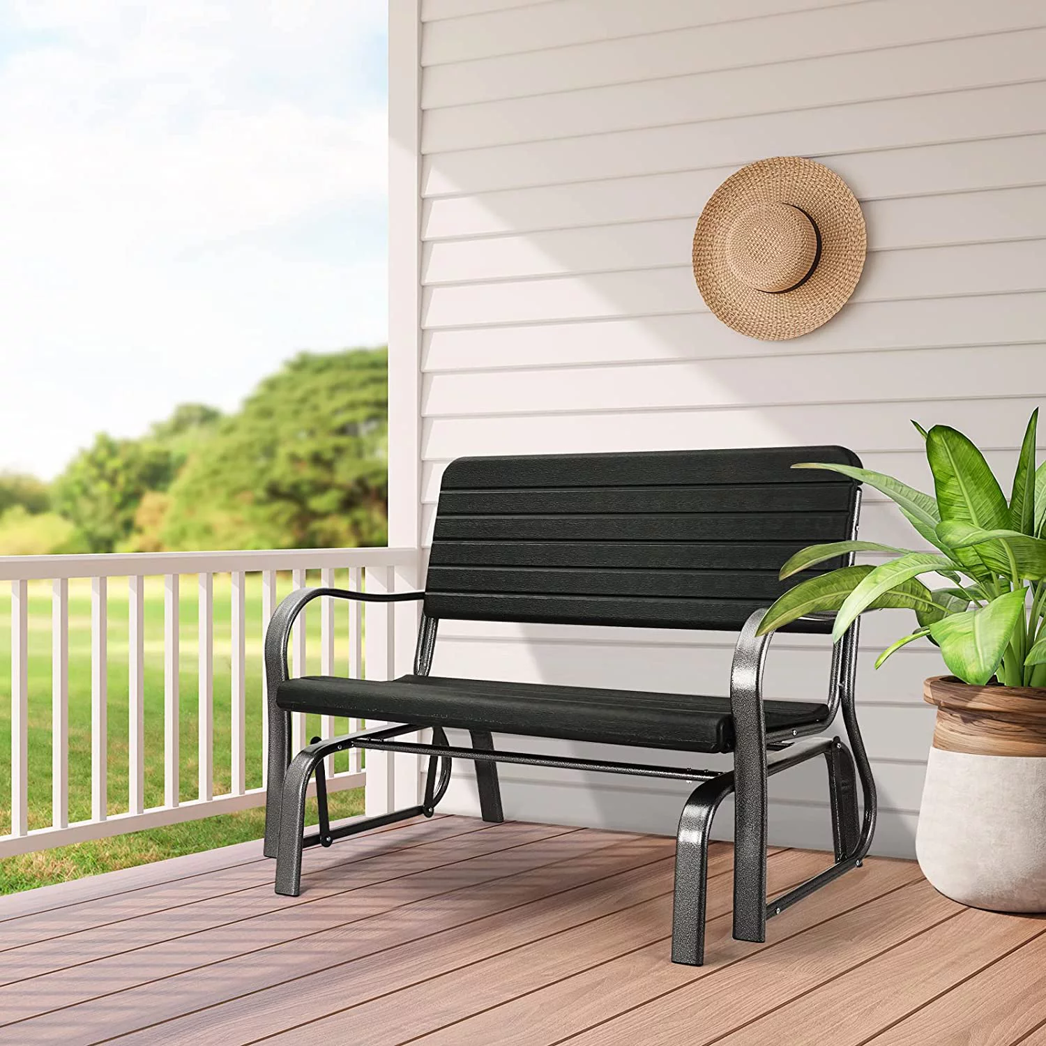 Outdoor Glider Bench, Porch Glider Loveseat Swing Bench with w/Steel Frame, 2-Seat Rocking Chair for Porch, Garden, Backyard, Lawn