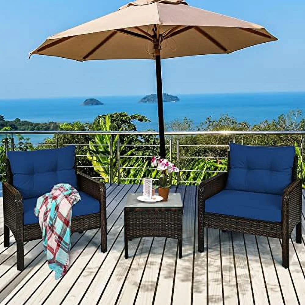 GFVCNIO 3 Piece Outdoor Wicker Conversation  Set  Rattan Patio Chairs  w/Glass Top Coffee Table & Thick Cushions  Patio  Set for Deck Porch Poolside Garden (Turquoise)