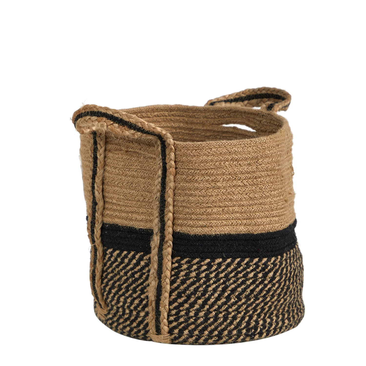 Nearly Natural 13in. Boho Chic Basket  Jute Basket Planter, Black Bottom  Top with Handles