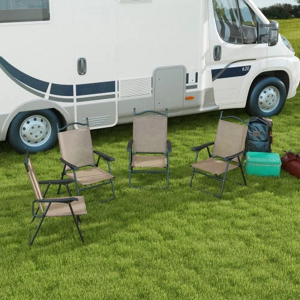 Buumin Outsunny Folding Patio Chairs, Set of 4 Sports Chairs for Adults, Camping Chairs with Armrests, Breathable Mesh Fabric Seat for Lawn, Brown