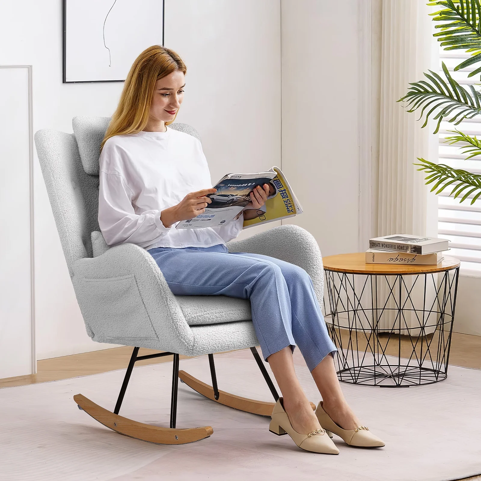 Waleaf Rocking Chair Nursery, Teddy Upholstered Padded Seat Rocking Chair with Headrest, High Backrest Glider Accent Chair for Bedroom, Nursery, Living Room (Light Grey)