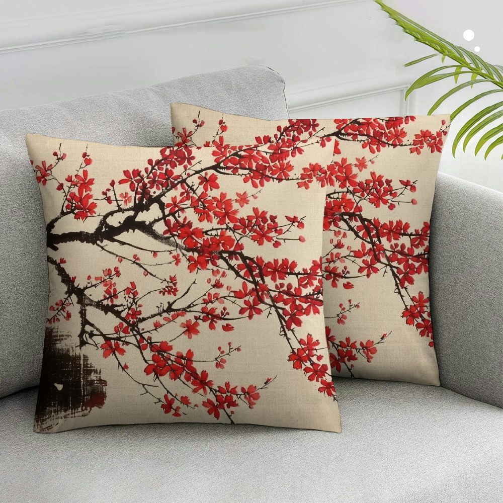 Awypu Ink Oil Traditional Chinese Painting Throw Pillow Covers Red Plum Flowers Decorative Cherry Blossom Floral Cushion Case Sofa Cushion Cover Lumbar,2 Pcs (Red Plum) White