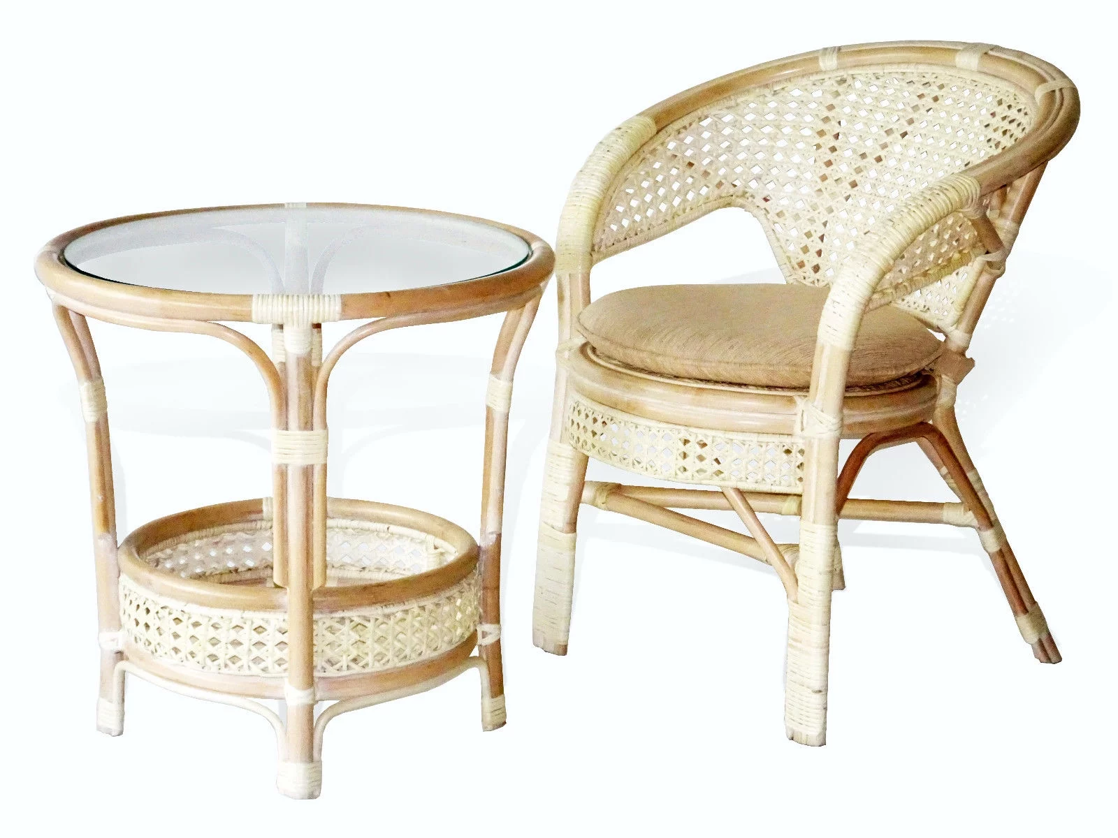 Pelangi Lounge Set of Round Coffee Table and Natural Rattan Wicker Chair Handmade Design, White Wash
