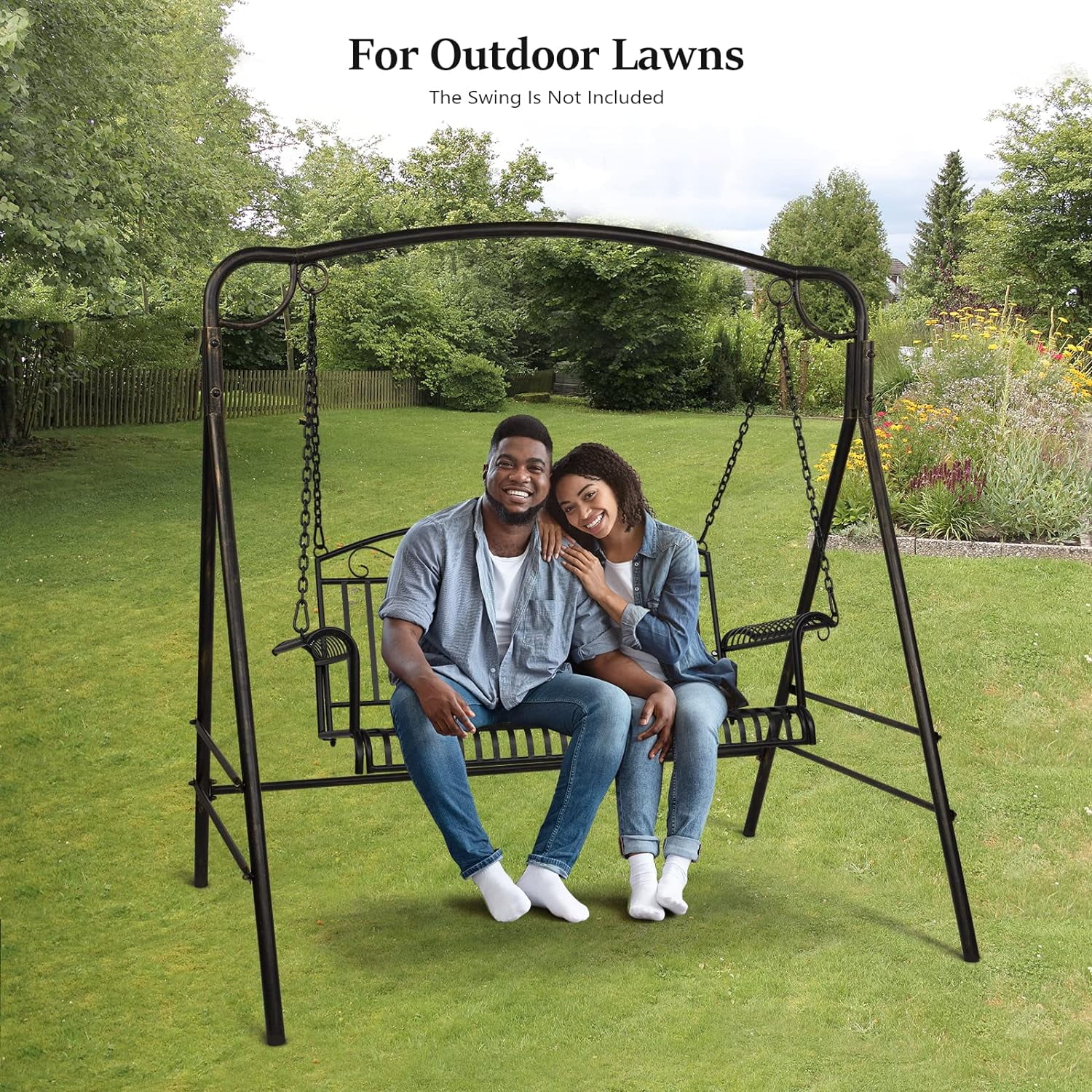 Upgraded Metal Porch Swing Stand with Antique Bronze Finish, Heavy Duty 660 LBS Weight Capacity Steel Swing Frame with Extra Side Bars, Powder Coated Hanging Swing Frame Set for Outdoors