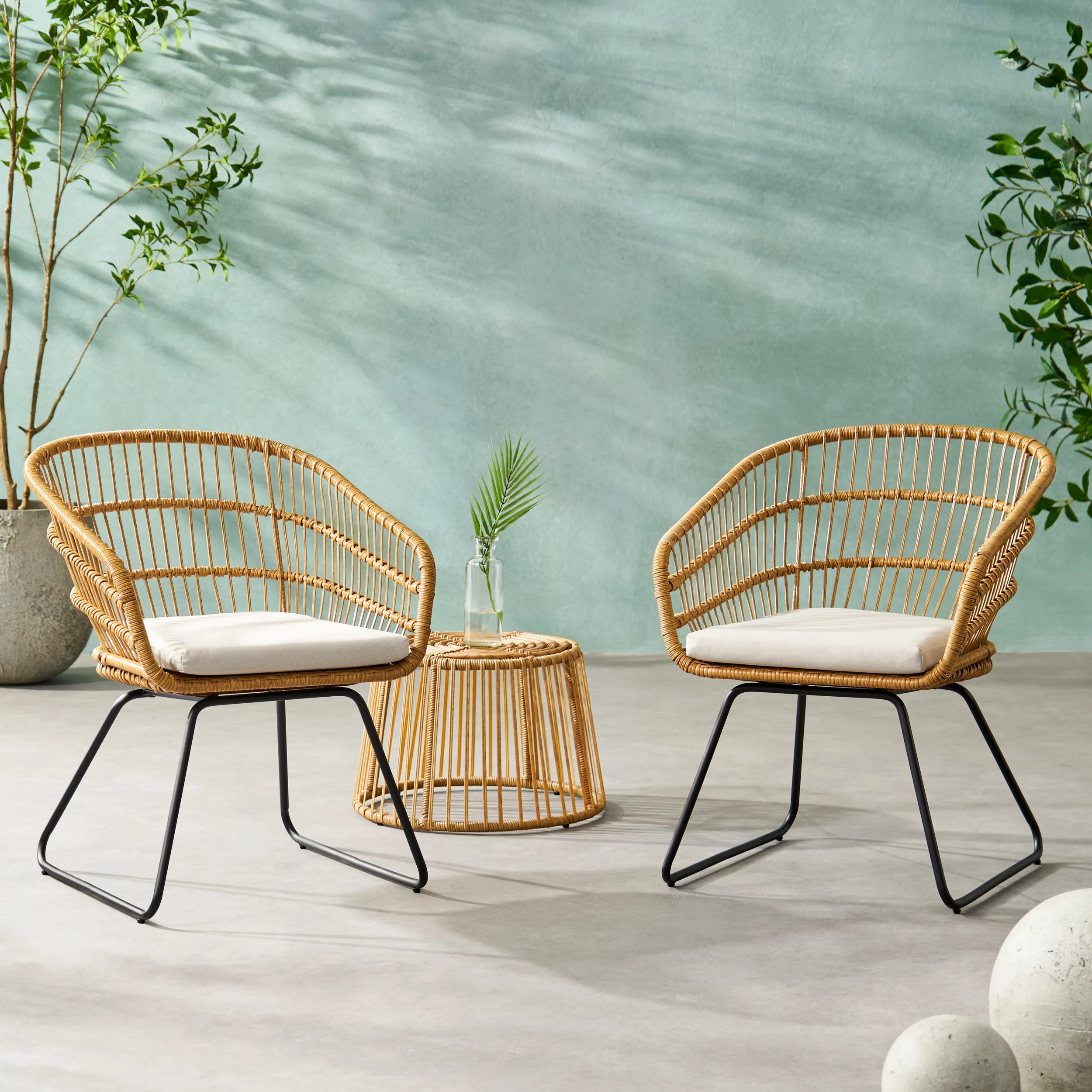 GDF Studio Edson Outdoor Wicker 3 Piece Chat Set with Cushion, Light Brown, Beige, and Black