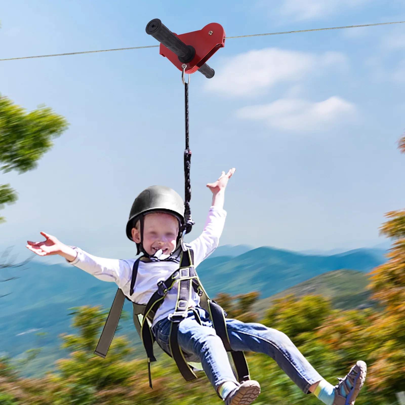 Aiqidi Backyard Zipline Kit Stainless Steel Spring Brake Zip Lines with Helmet Gloves for Kids