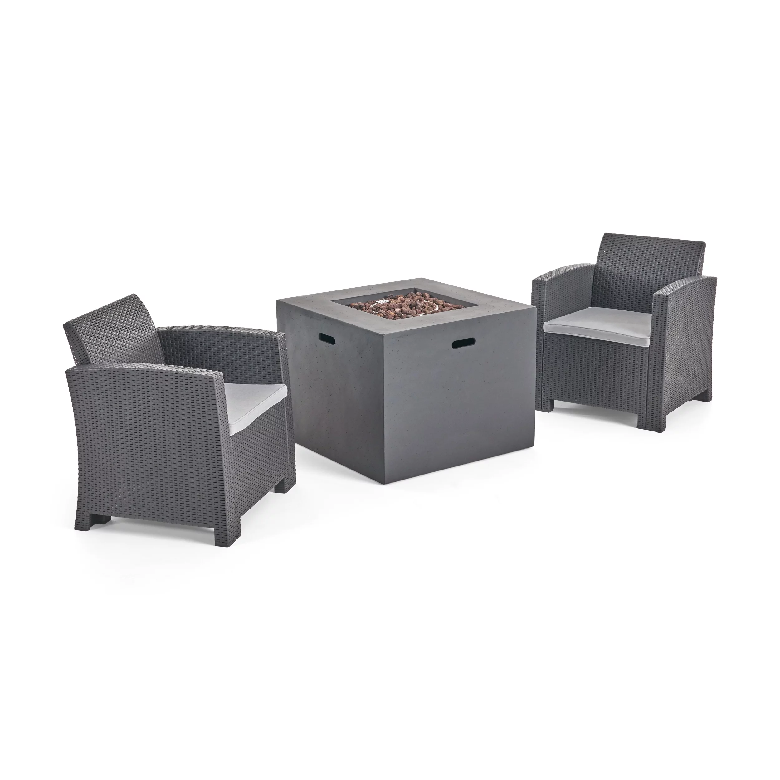 Madden Outdoor 3 Piece Wicker Print Club Chair Chat Set with Propane Fire Pit, Charcoal, Light Gray, Dark Gray