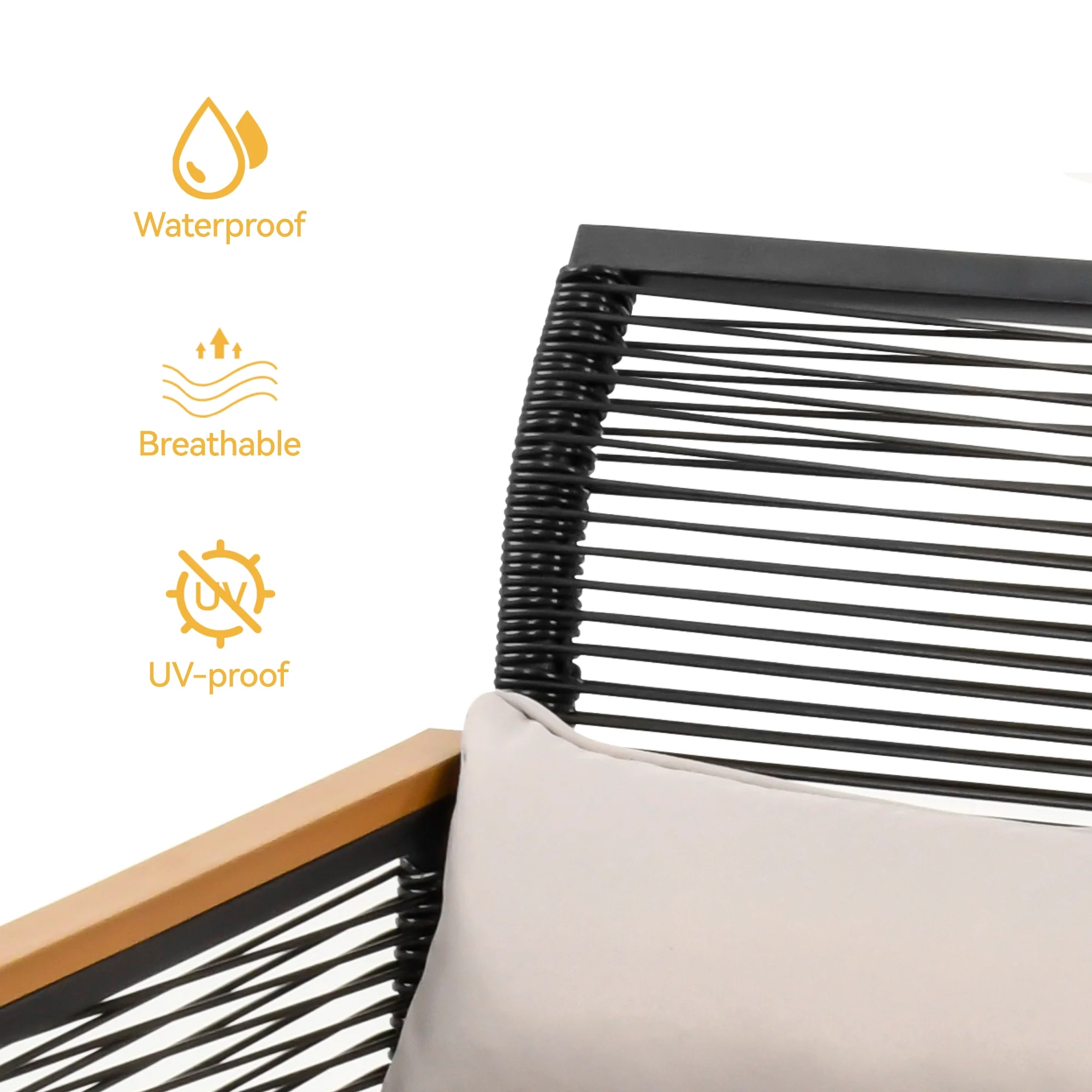 Dextrus Black Outdoor Wicker Patio Loveseat, Weather-resistant Rattan Conversation Set for Backyard, Balcony, and Deck, Stylish Wooden Armrests and Gray Cushions