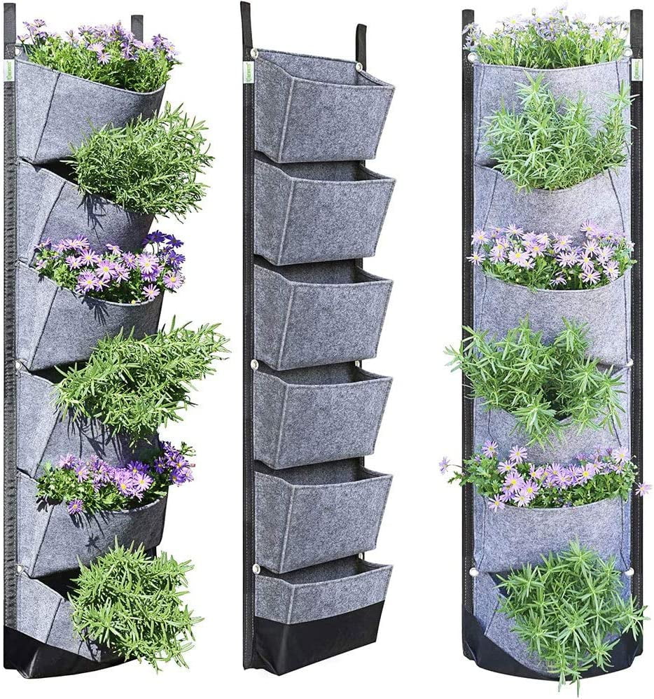 BUYTER Vertical Wall Hanging Garden Planter with 6 Pockets Flower Pots Felt Planter Grow Container Bags (Grey)