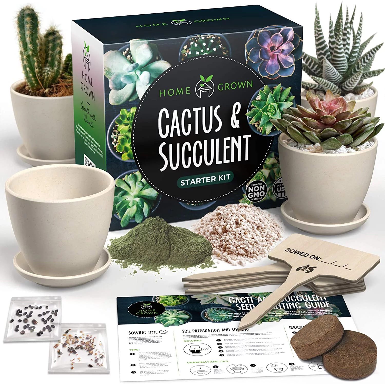 Succulent & Cactus Seed Kit for Planting –  Cactus & Succulent Starter Kit – 4 Planters, Drip Trays, Markers, Seeds Mix, Soil - DIY Gift Kits