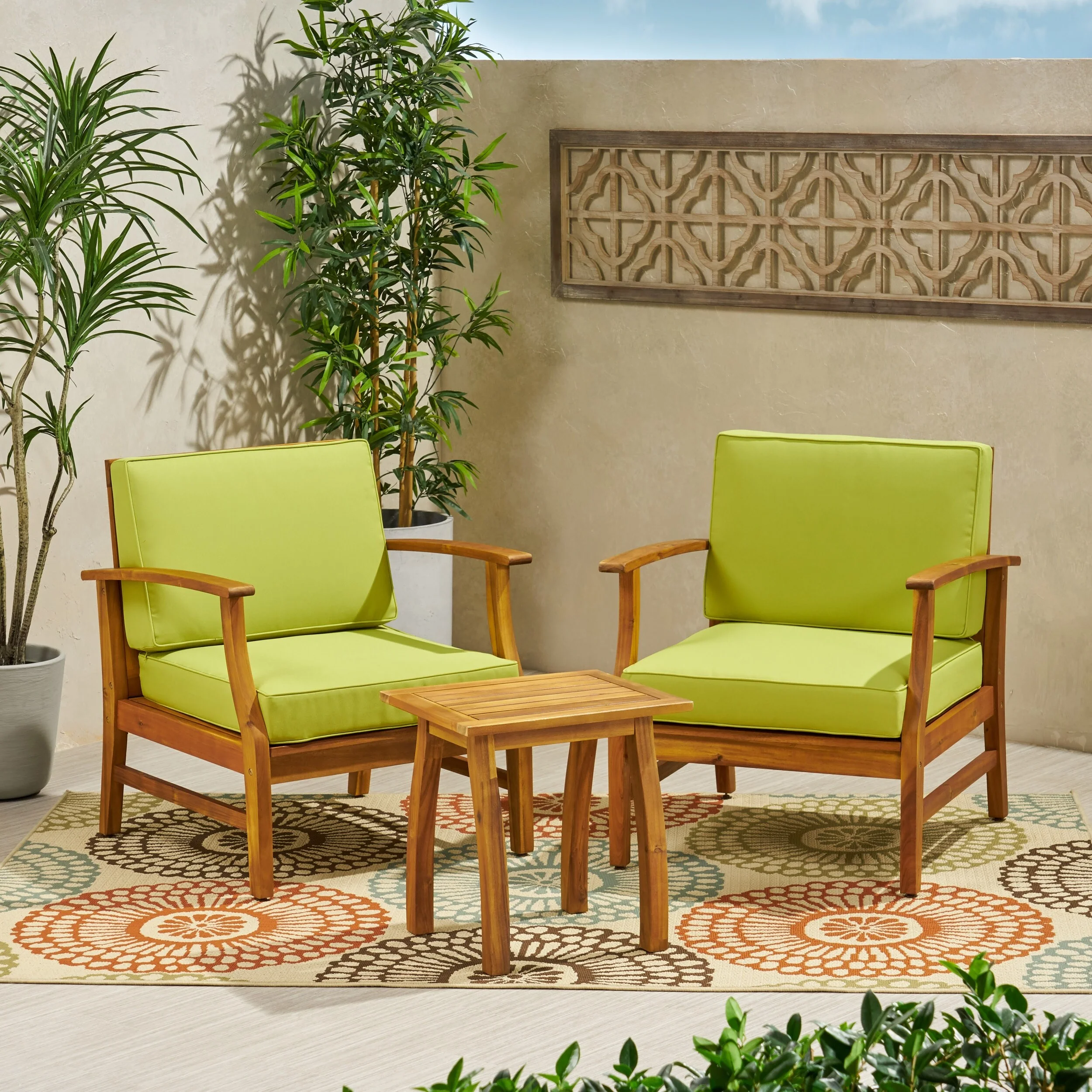Christopher Knight Home Perla Outdoor 2 Seater Acacia Wood Chat Set with Cushions by  Brown, Green