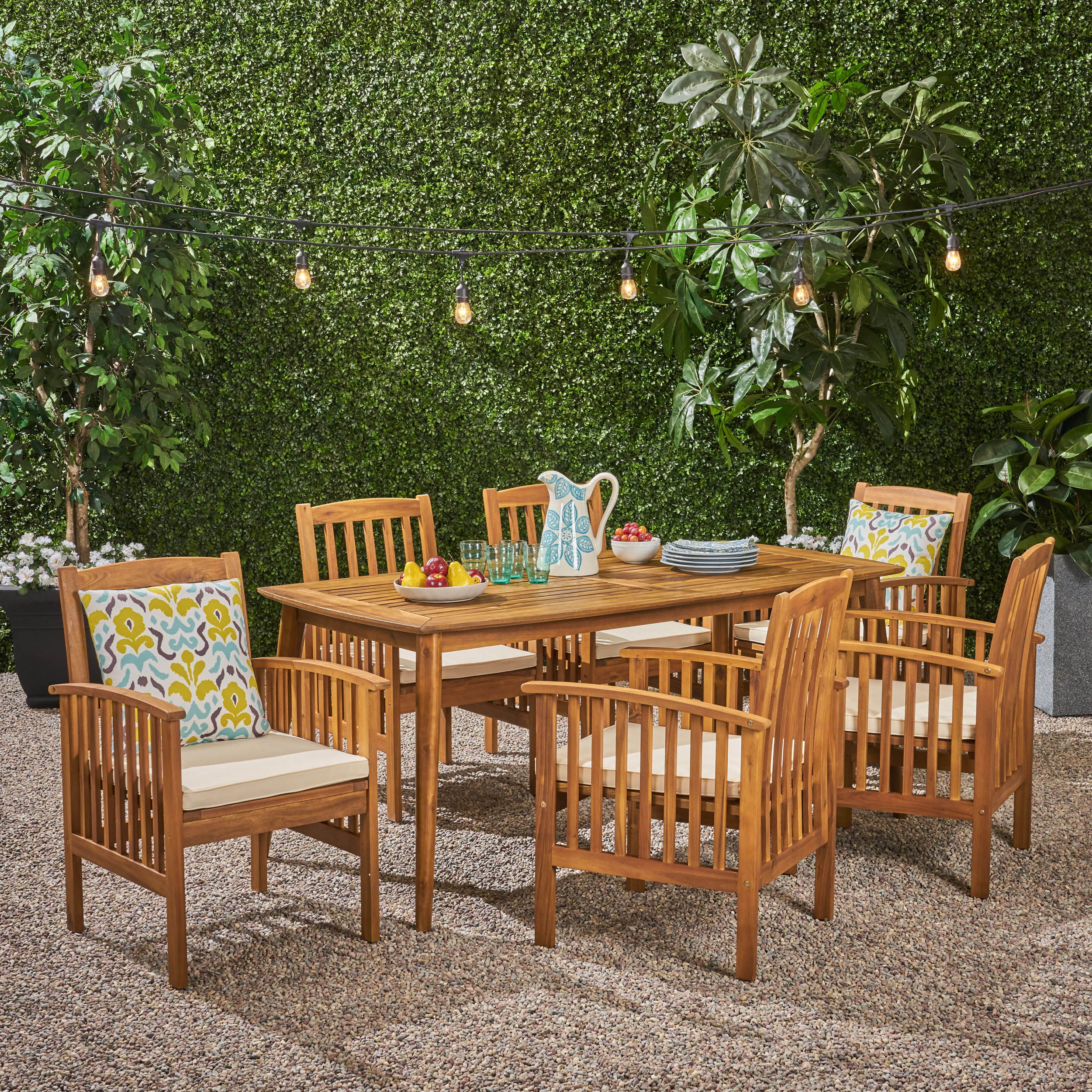 GDF Studio Laussat Outdoor Acacia Wood 7 Piece Dining Set with Cushion, Teak and Cream