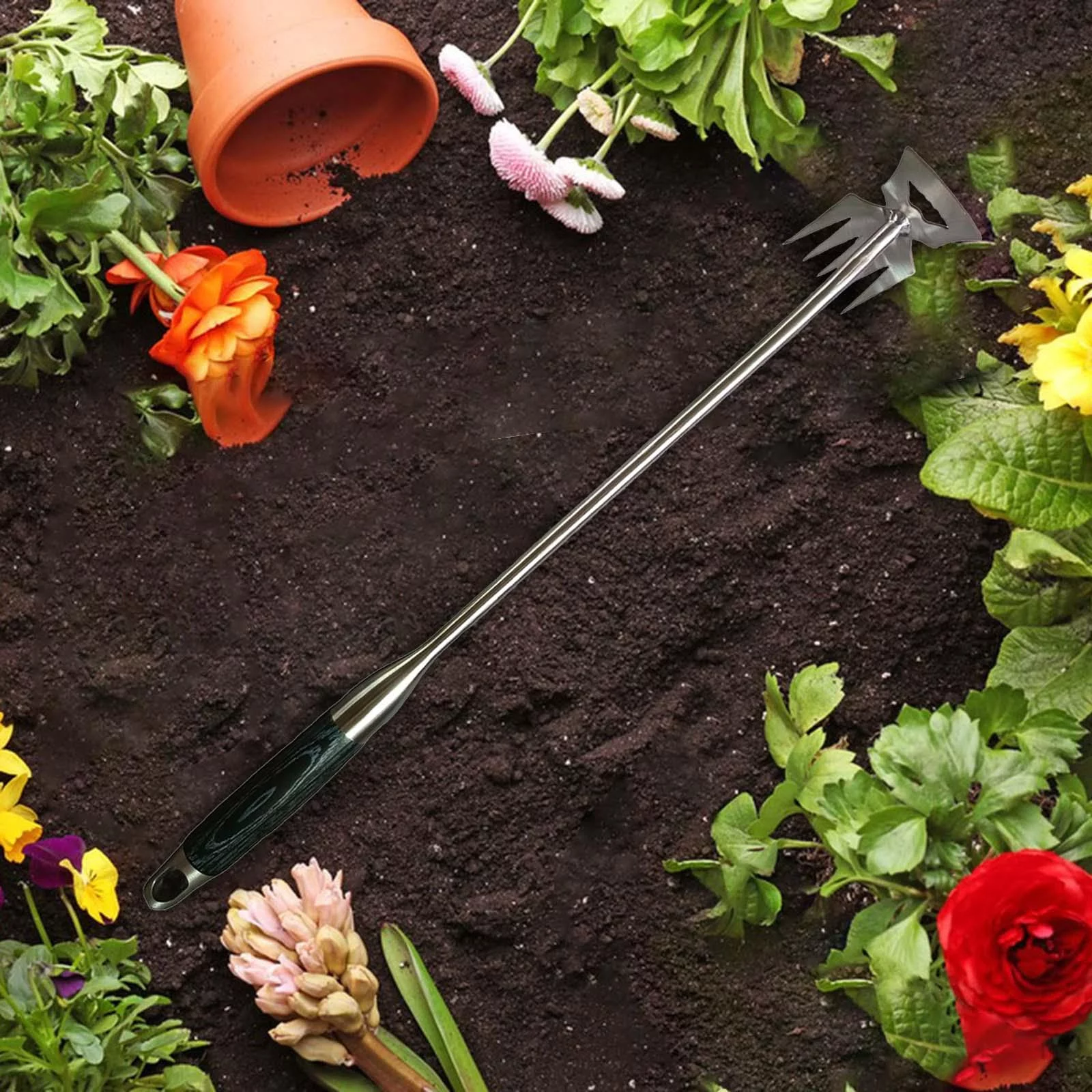 Patio Weeders Weeding Remover Tool 5 Tines Lightweight Dual Purpose Garden Lawn Care Multifunctional Weeder for Planting Bonsai Courtyard black wood handle