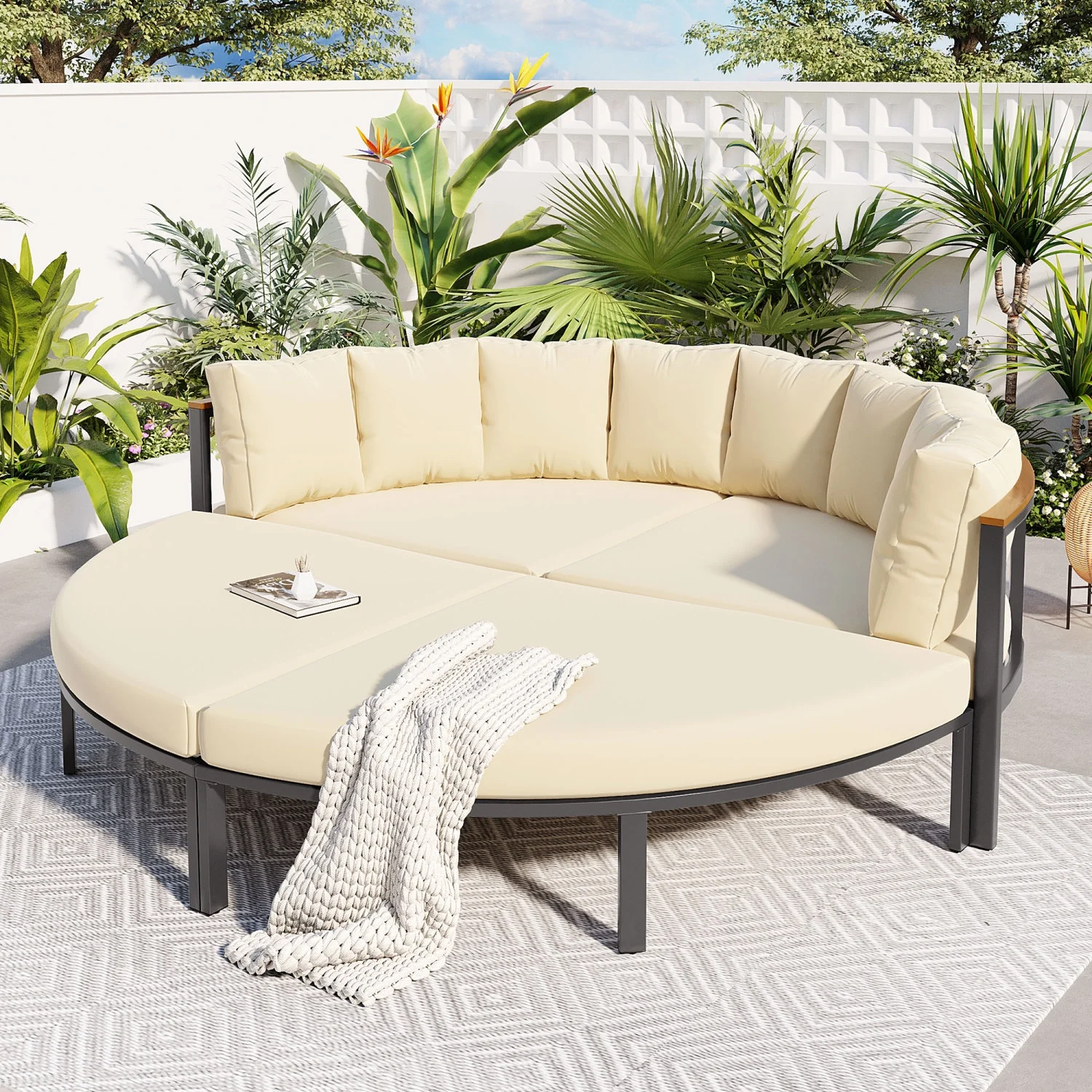 Stylish Outdoor U-Style 4 Piece Round Patio Furniture Set with All Weather Metal Sectional Sofa and Cushions - Ideal for Any Outdoor Space