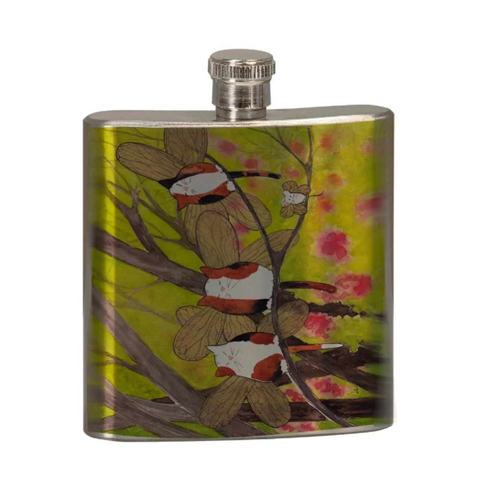 KuzmarK 6 oz. Stainless Steel Pocket Hip Liquor Flask - Calico Kitty and White Mouse Fairies with Redbud Trees Cat Art by Denise Every