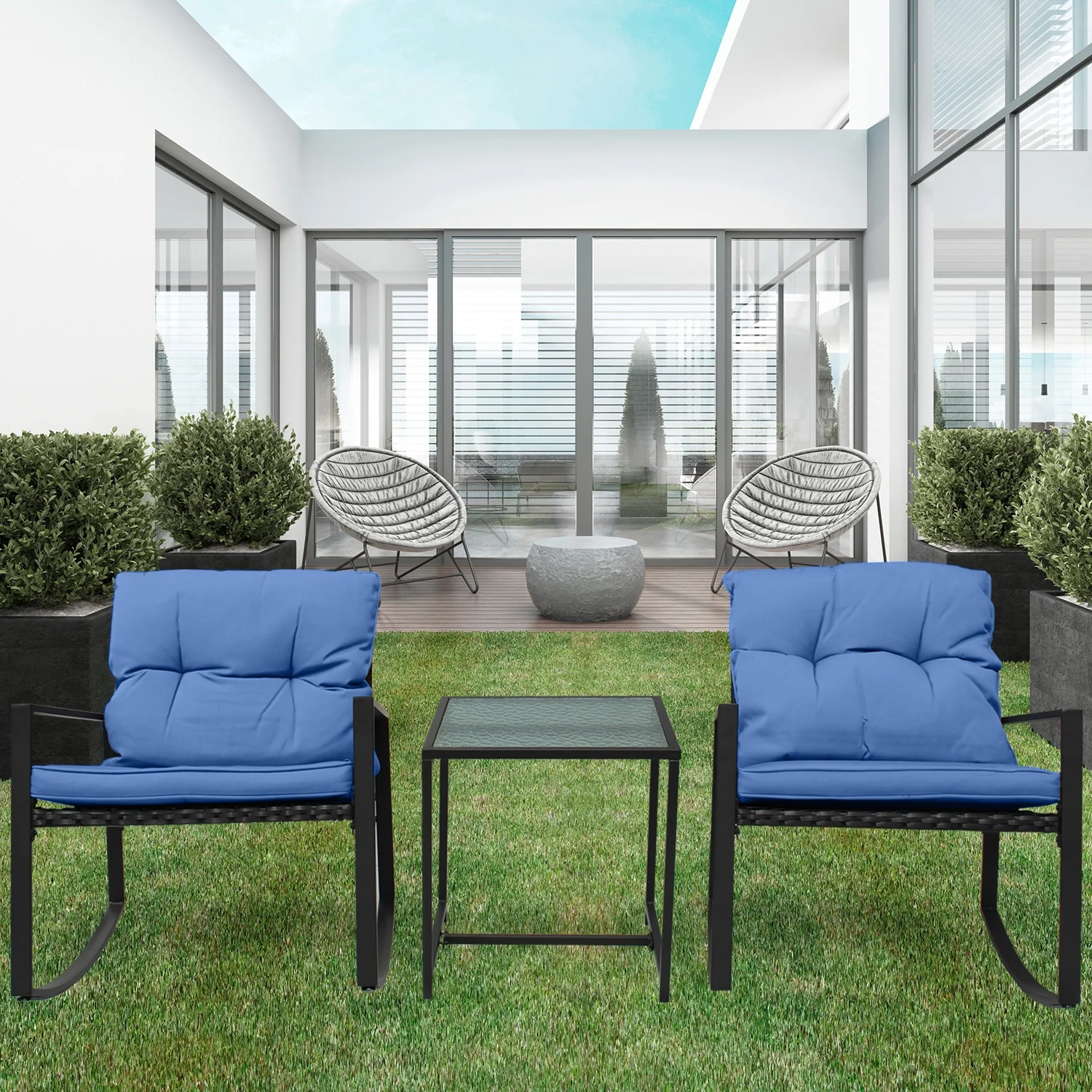 Atlas 3-Piece Stylish Patio Bistro Furniture Set -2 Chairs With Perfect Solid Glass Tea Table - Dark Blue