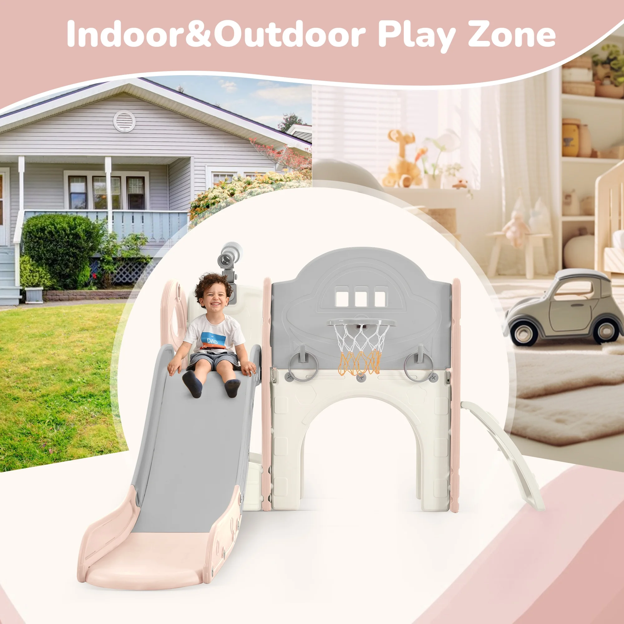 Kids Slide Playset Structure 7 in 1, Freestanding Spaceship Set with Slide, Arch Tunnel, Ring Toss and Basketball Hoop, Toy Storage Organizer for Toddlers, Kids Climbers Playground