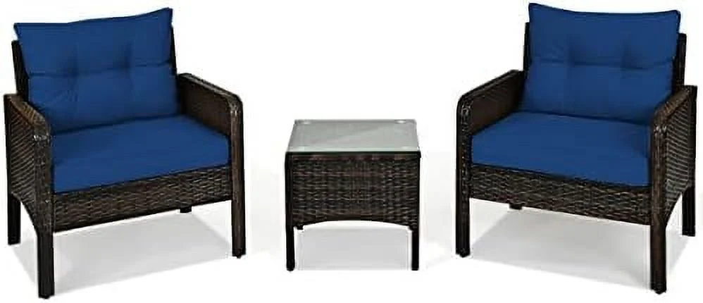 GFVCNIO 3 Piece Outdoor Wicker Conversation  Set  Rattan Patio Chairs  w/Glass Top Coffee Table & Thick Cushions  Patio  Set for Deck Porch Poolside Garden (Turquoise)