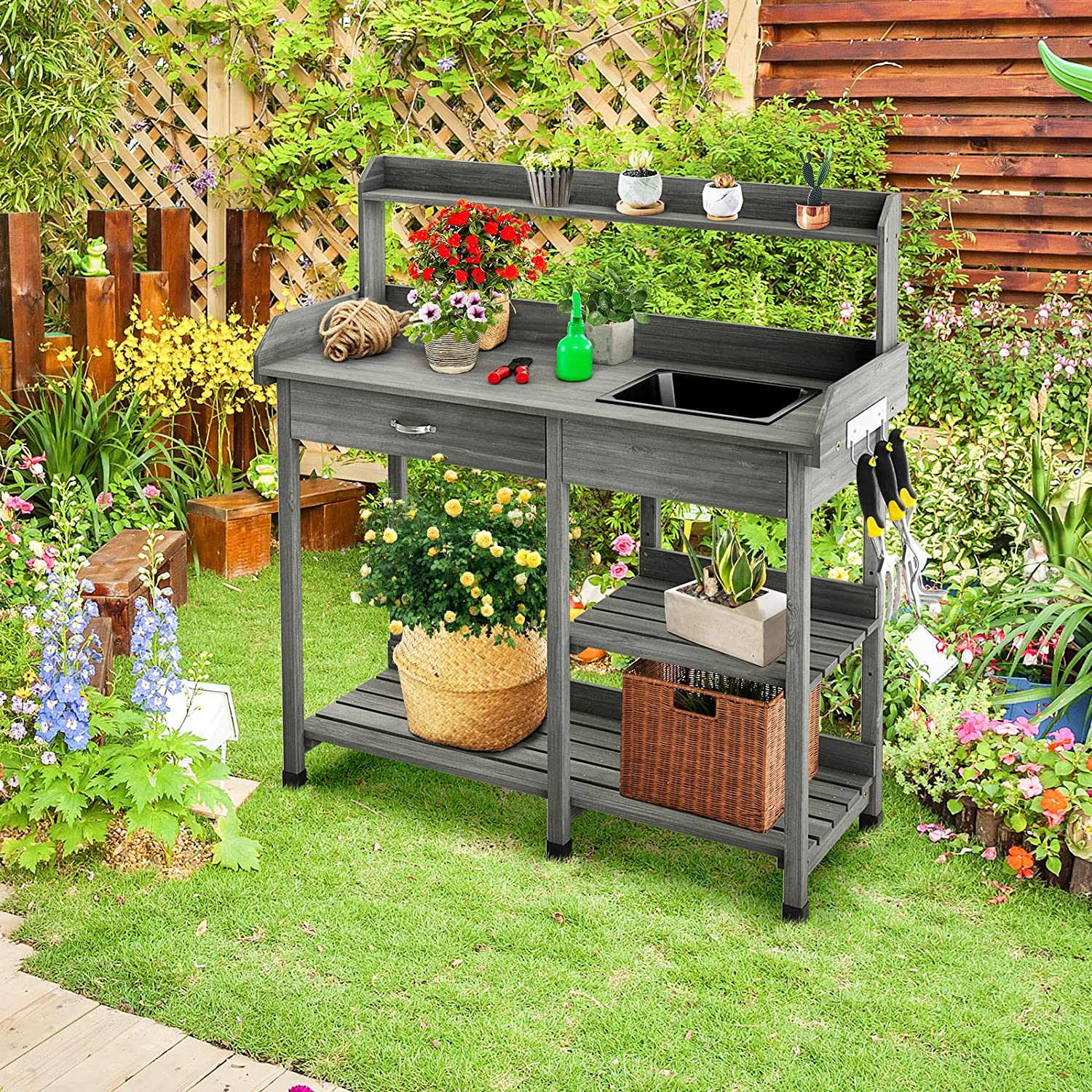 Garden Potting Bench Table Wood Potting Work Table for Yard Plant Lawn Patio Indoor Outdoor Workstation Flower Pot Bench w/Sink, Drawer, Hooks and Open Shelves Gardening Tables for Outdoors