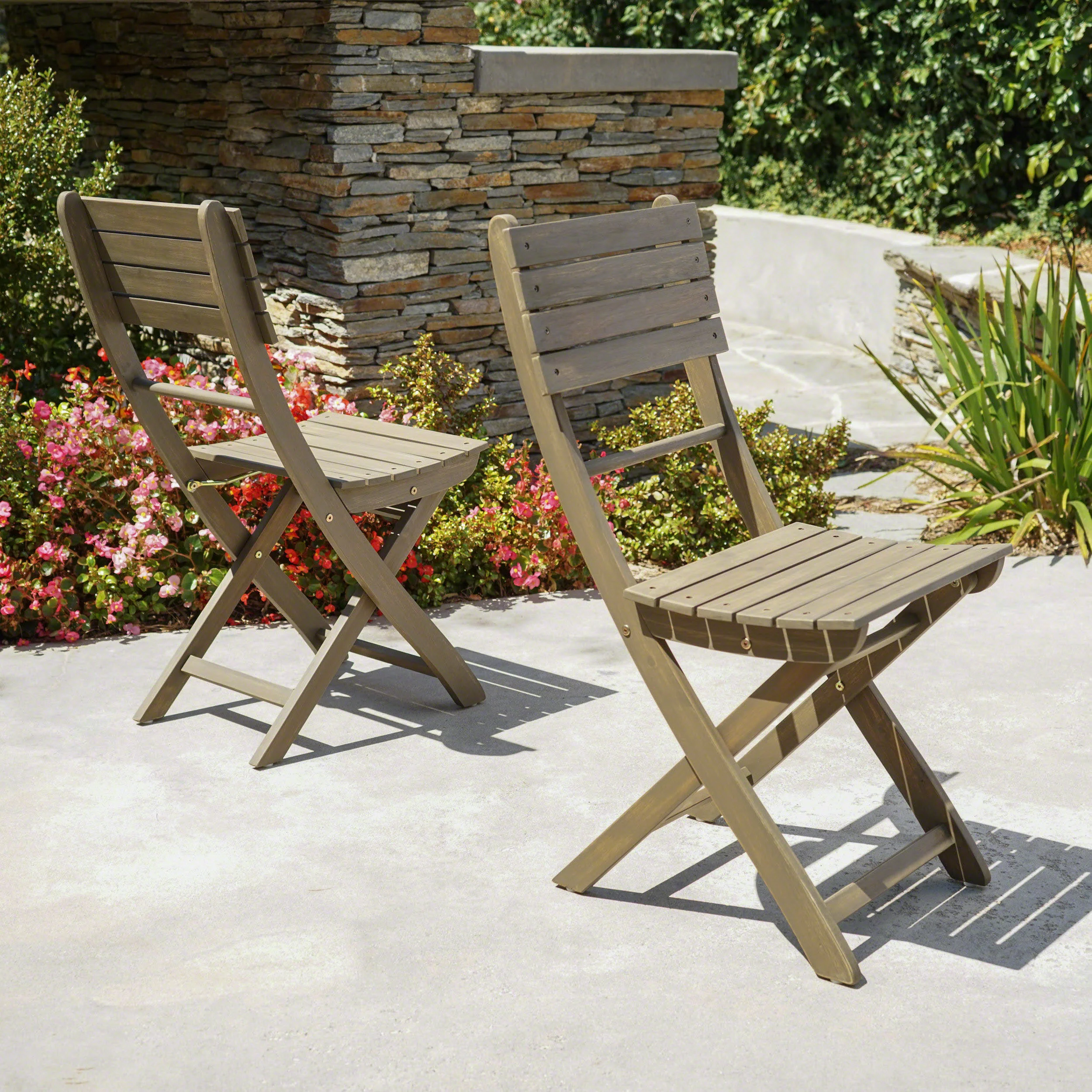 Vicaro Outdoor Acacia Wood Foldable Dining Chairs, Set of 2, Grey Finish
