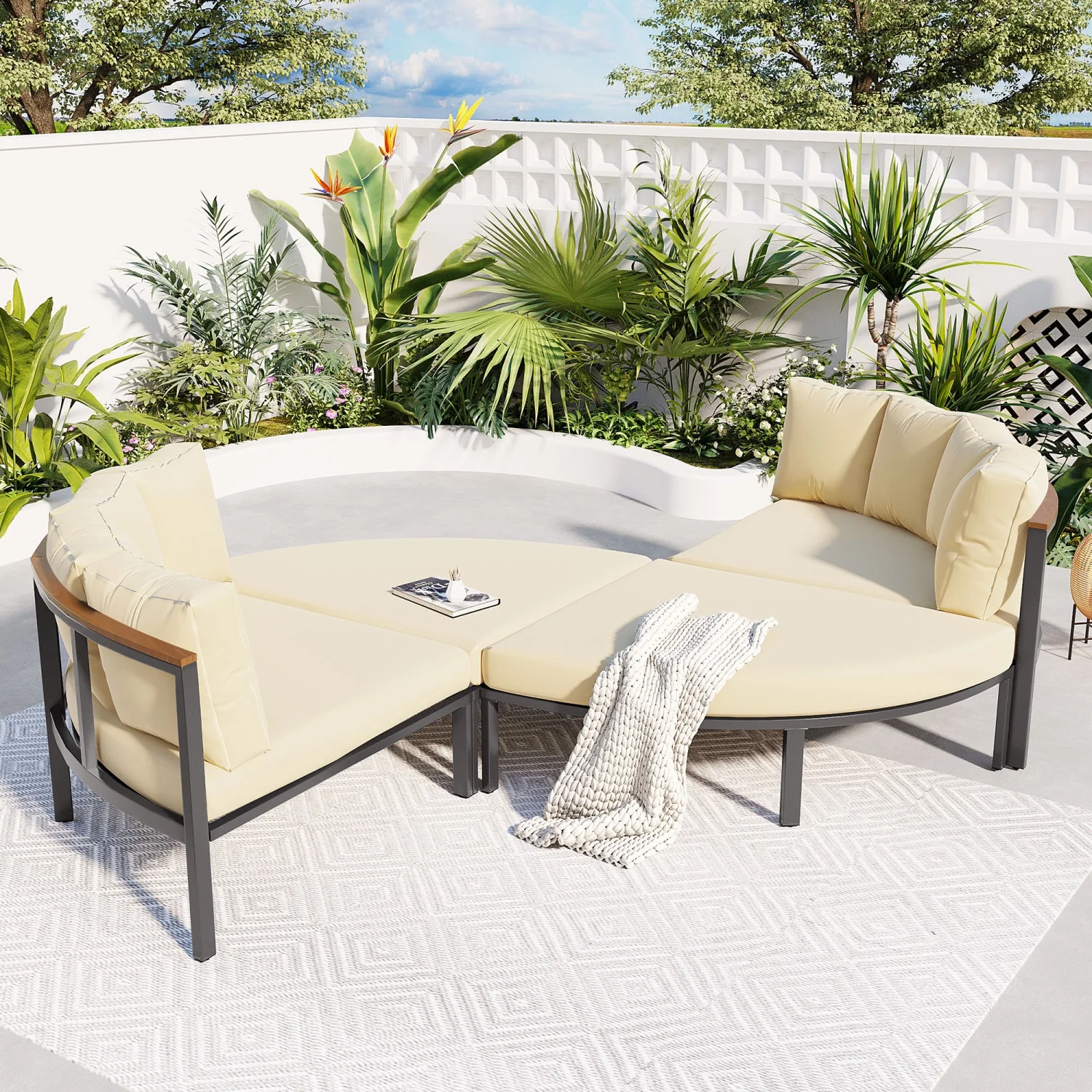 Stylish Outdoor U-Style 4 Piece Round Patio Furniture Set with All Weather Metal Sectional Sofa and Cushions - Ideal for Any Outdoor Space
