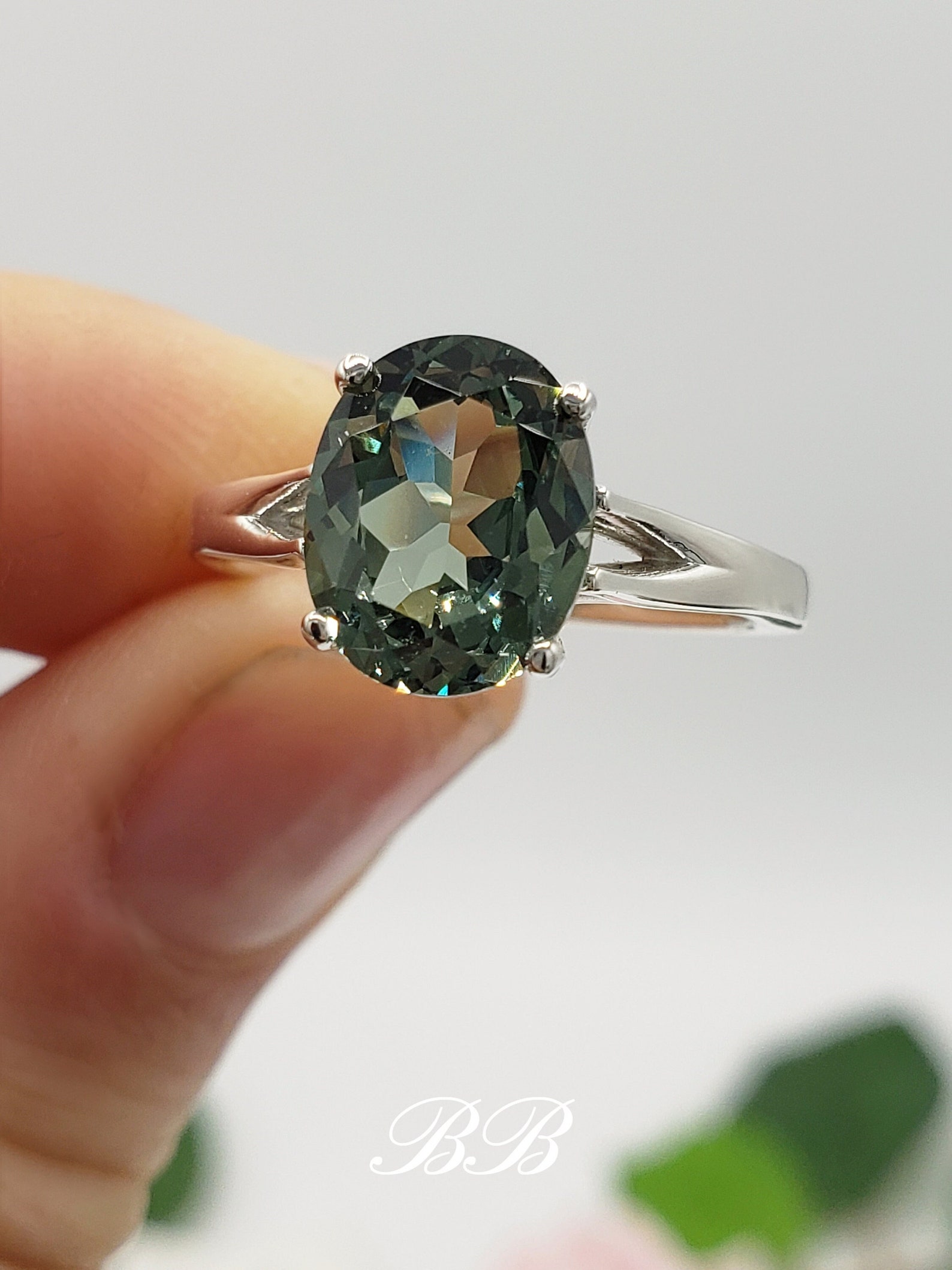 8x6mm - 10x8mm Lab Created Green Tourmaline Colored Spinel, Oval Cut, Solitaire Ring, Sterling Silve
