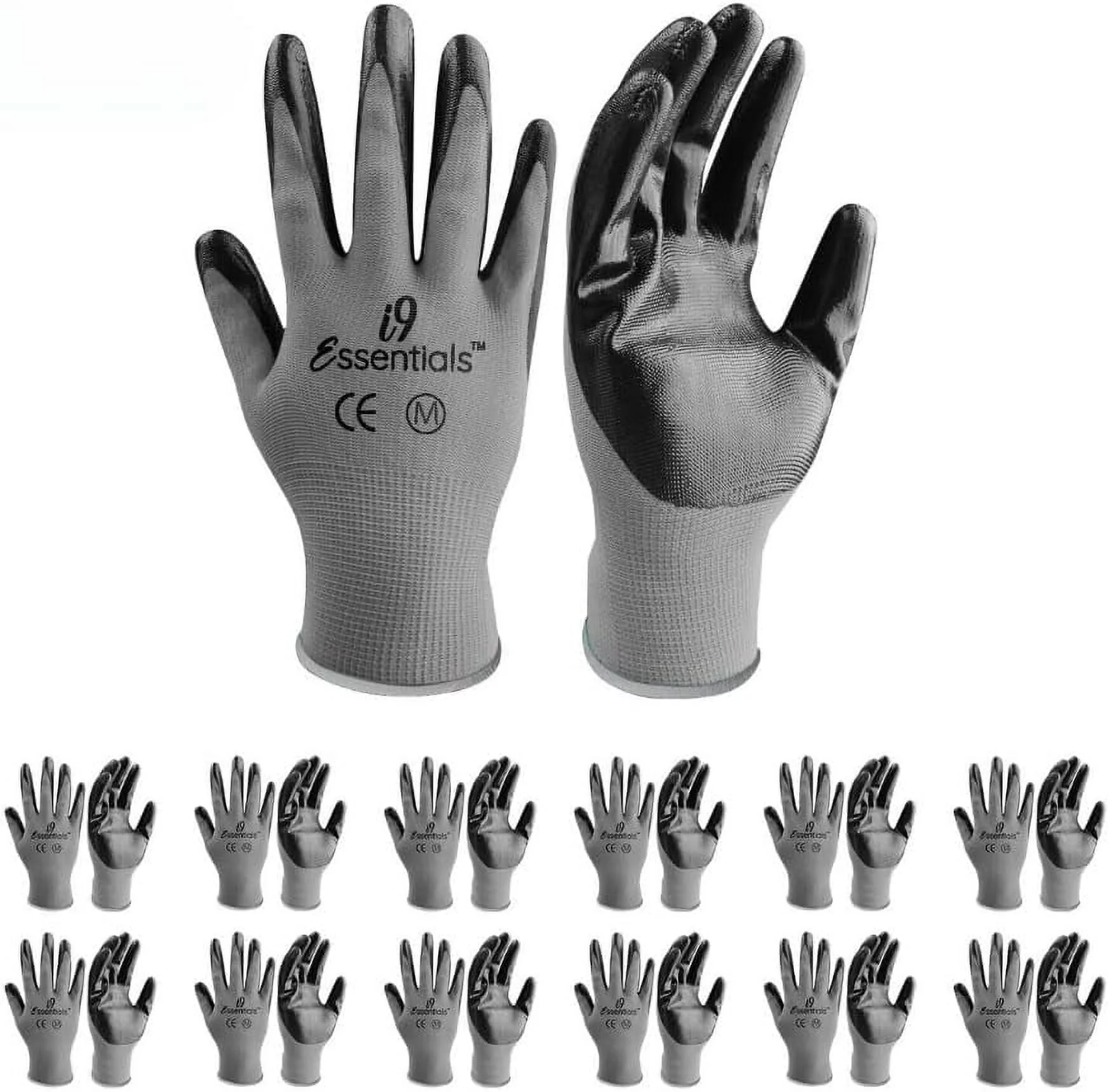 i9 Essentials™ Multi-Purpose Work Gloves Medium Seamless - Nitrile-Coated Safety Gloves for Men - Lightweight Safety Gloves for Woodworking, Gardening, Construction Work Gloves Pairs - Grey, 12 Pairs