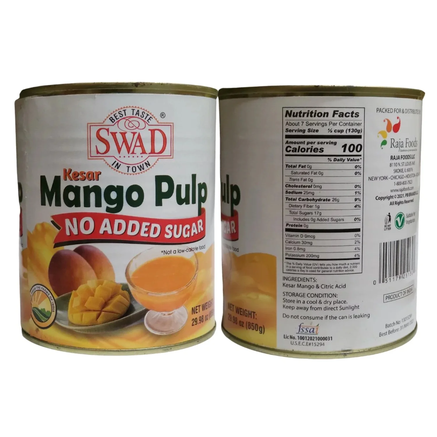 Swad Kesar Mango Pulp No Sugar Added 850g (Pack of 2)