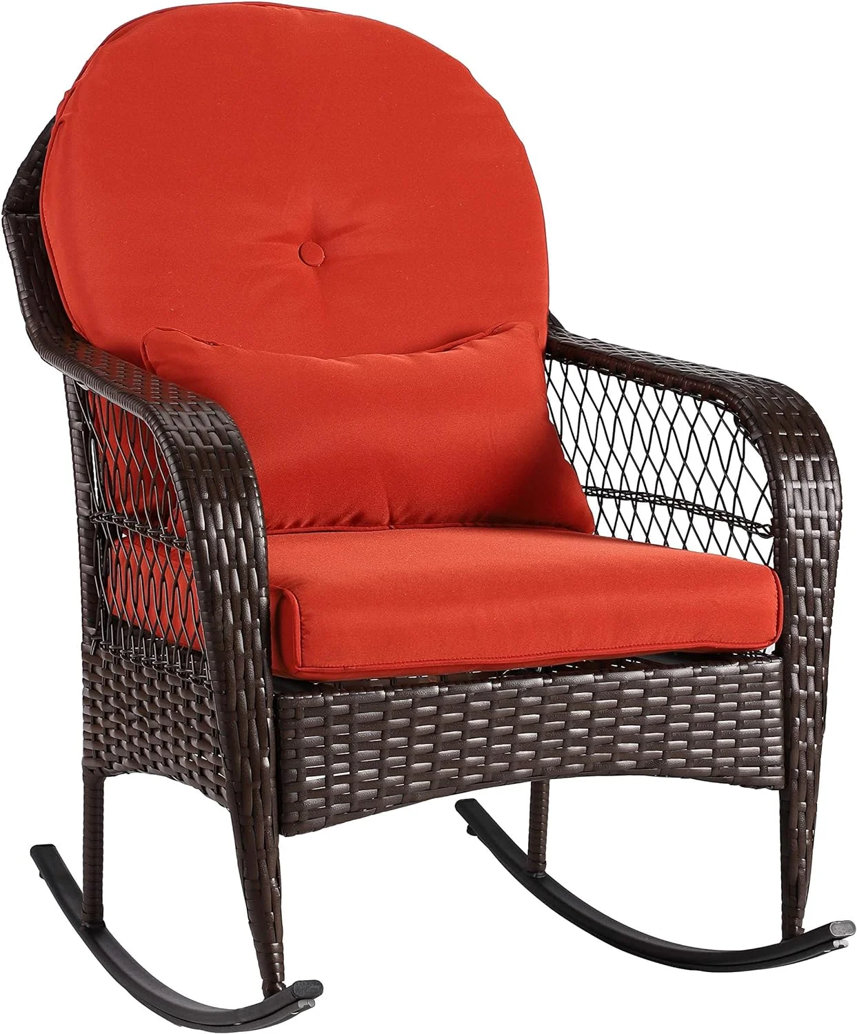 BAIJIAWEI B Outdoor Wicker Rocking Chair All Weather Wicker Rocker Chair with Cushions for Garden Patio Yard Porch Lawn Balcony Backyard (1PCS-Brown Wicker-Orange)