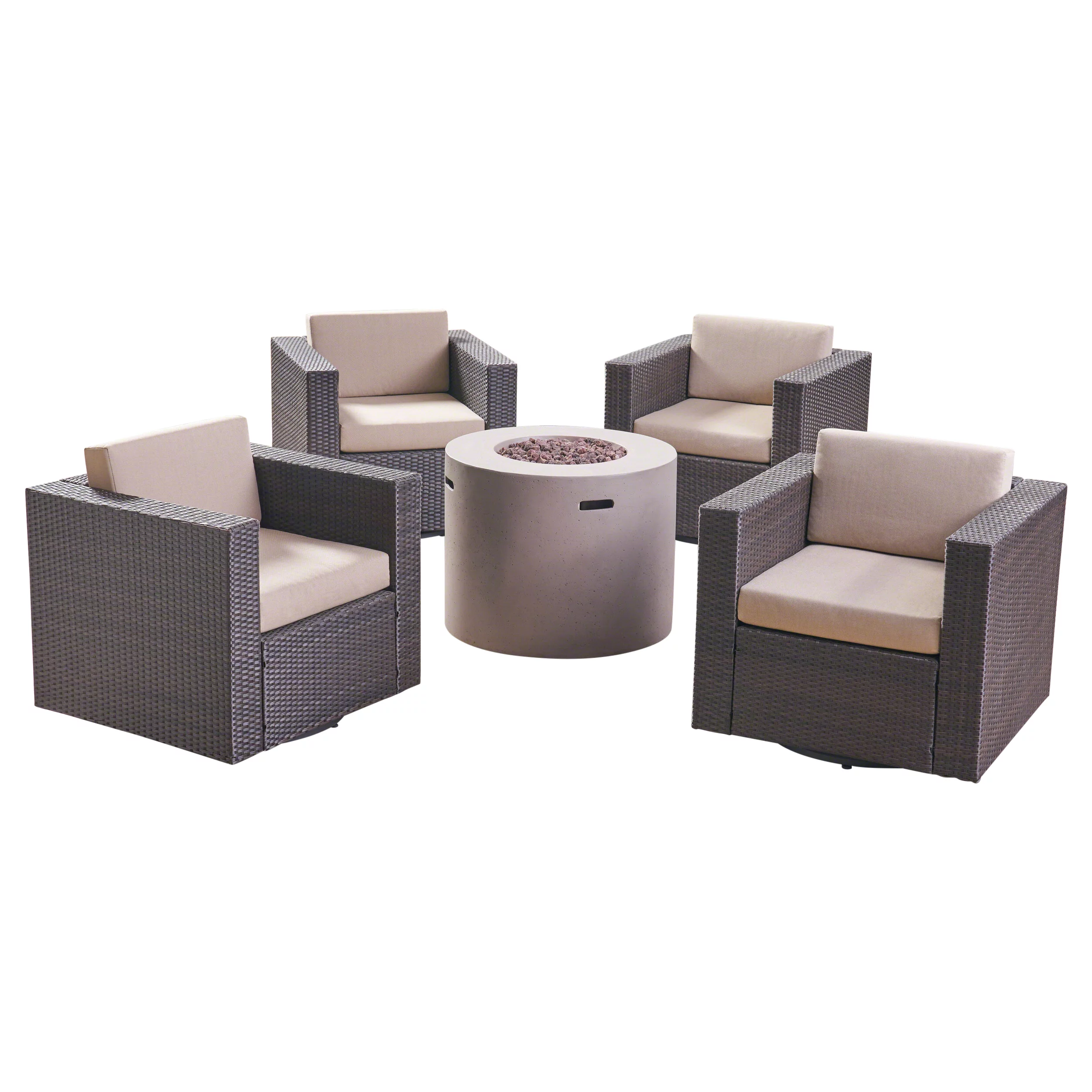 Lola Outdoor 5 Piece Swivel Wicker Club Chair Set with cushions and Round Fire Pit, Dark Brown, Beige, Light Gray