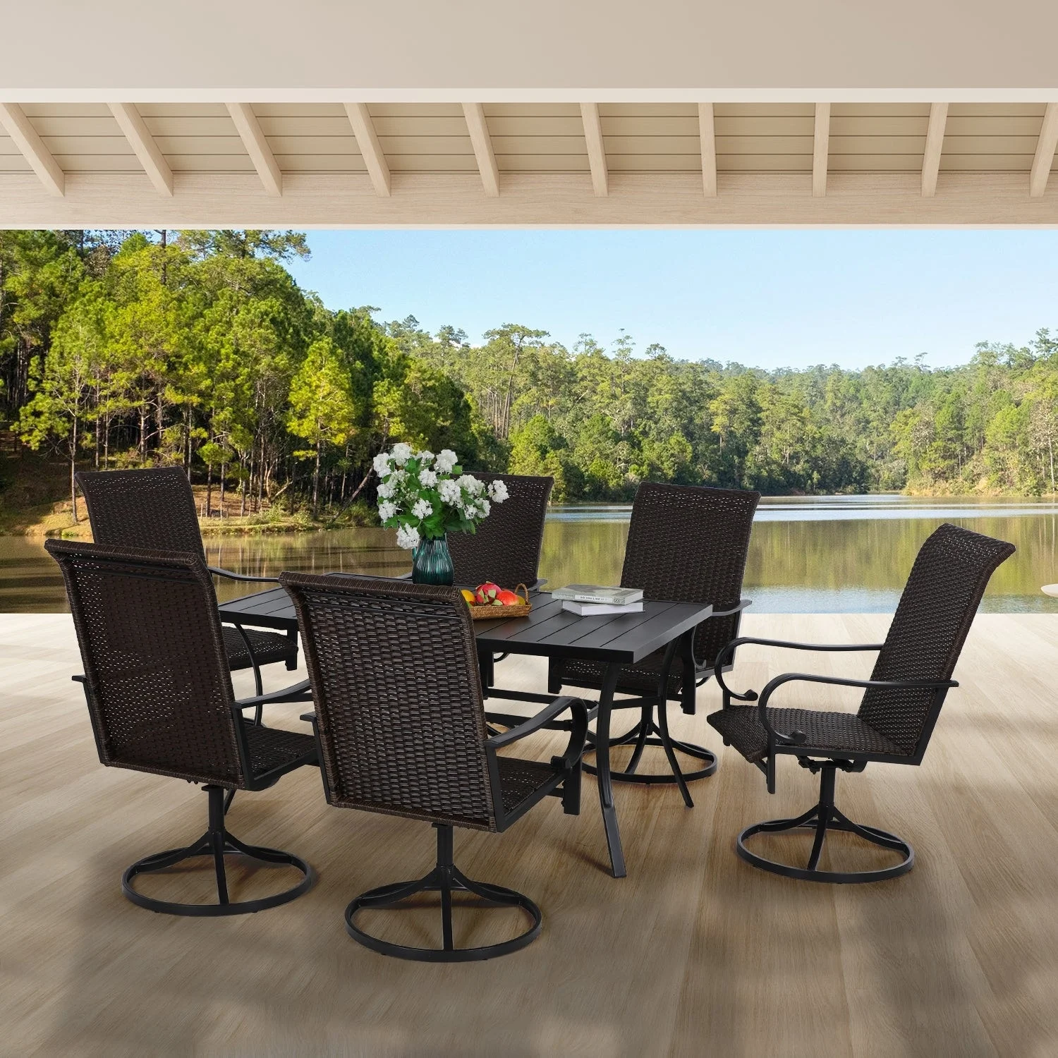 7-Piece Patio Dining Set Steel Panel Table & 6 Rattan Swivel Chairs