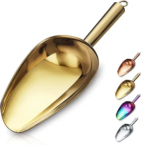 Stainless Steel Gold Ice Scoop 6 OZ, Titanium Golden Plating Metal Ice Scooper For Ice Maker, Multipurpose For Candy Wedding Kitchen Bar Party, Pet Animal Dog Food Scoop Beach Shovel