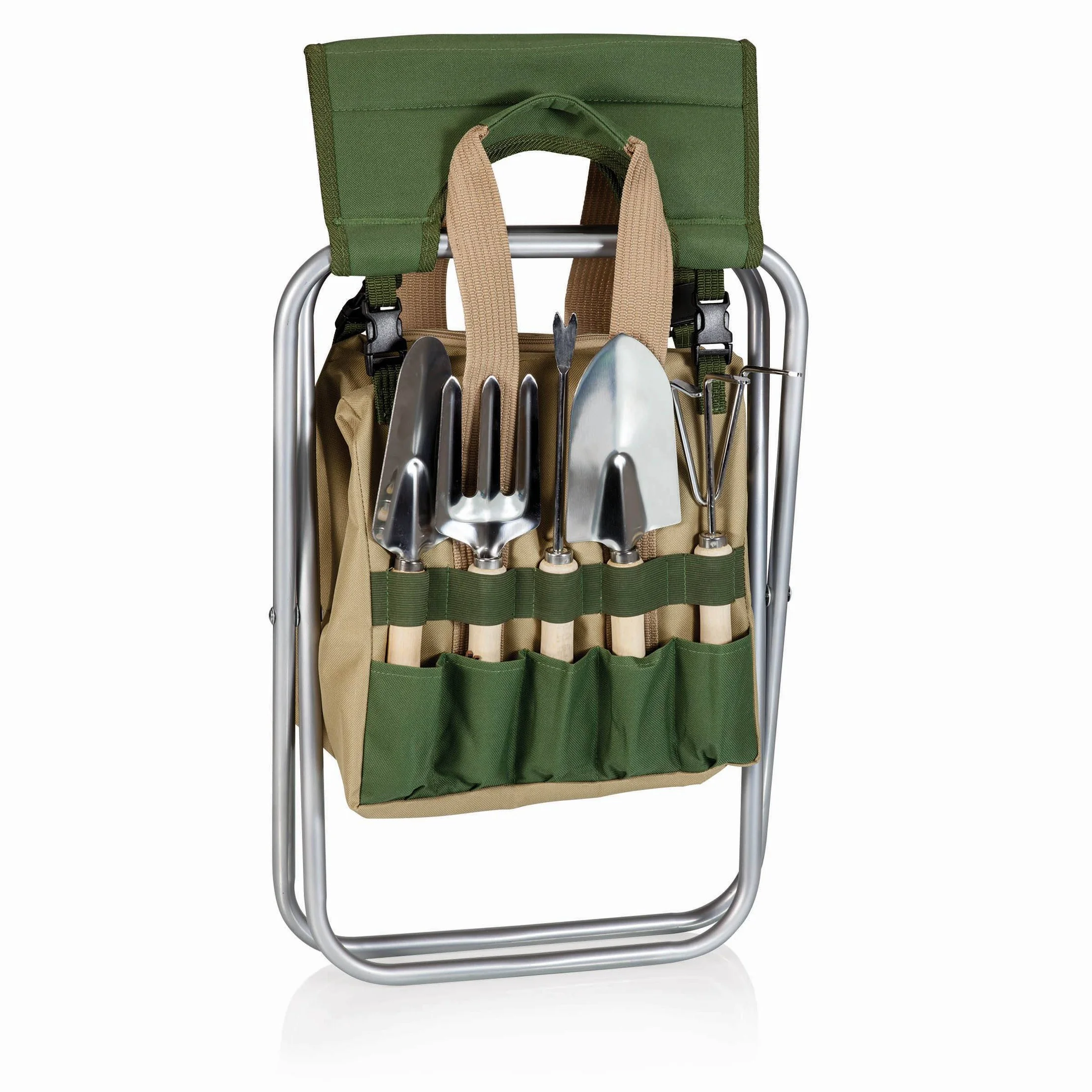 5pc Garden Tool Set with Tote And Folding Seat - Olive Green