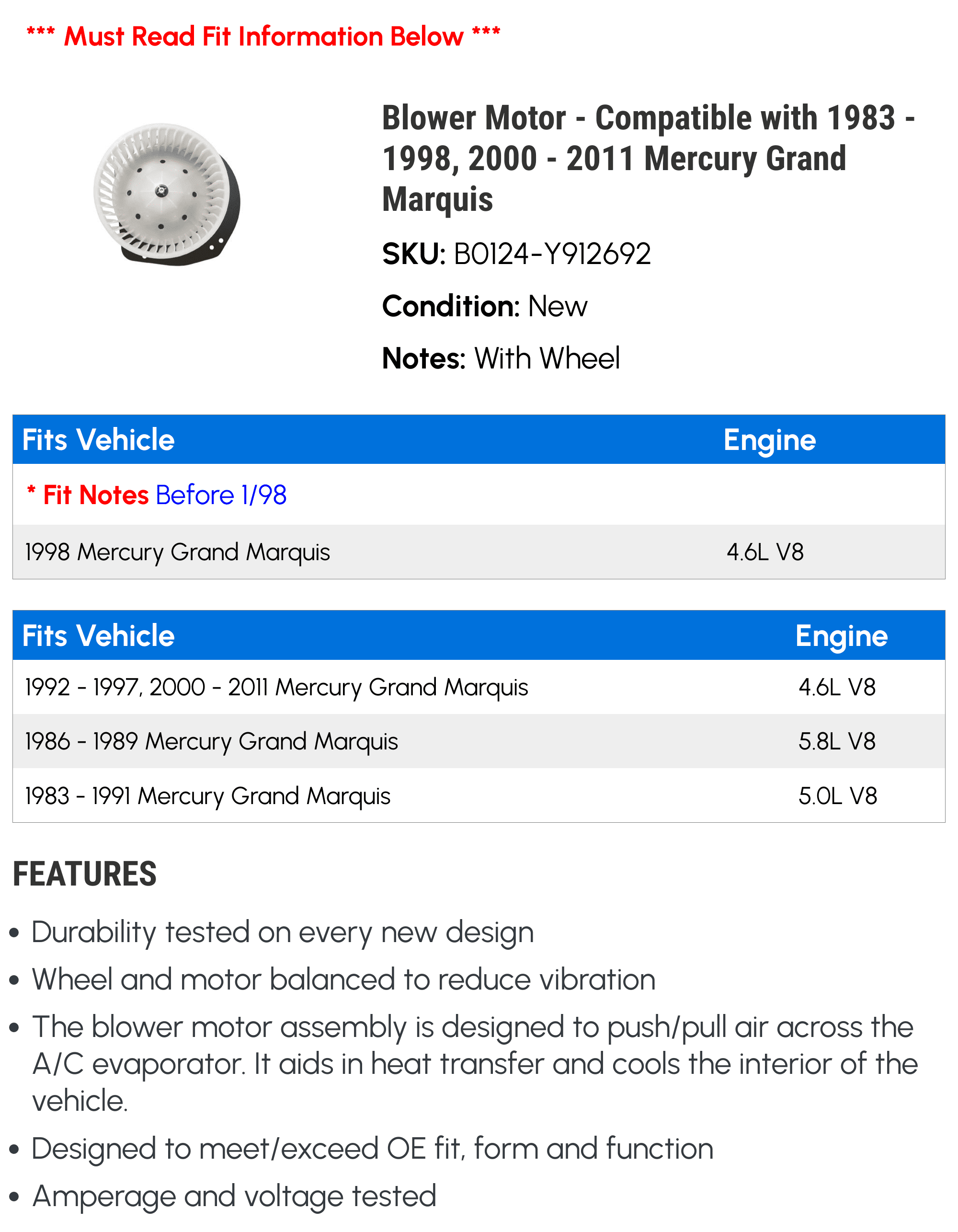 Blower Motor - Compatible with 1983 - 1998, 2000 - 2011 Mercury Grand Marquis 1984 1985 1986 1987 1988 1989 1990 1991 1992 1993 1994 1995 1996 1997 2001 2002 2003 2004 2005 2006 2007