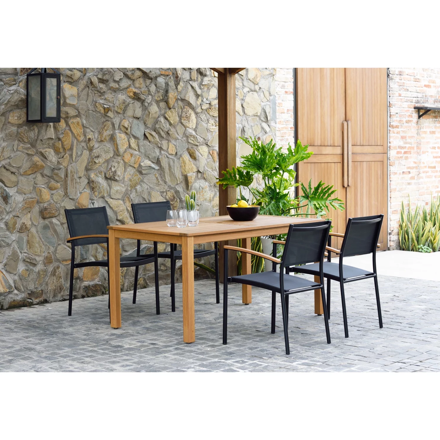 Amazonia Fontana 5 Piece Rectangular Eucalyptus Dining set  Teak Finish Table and Quick-Dry Black Sling Chairs Durable and Ideal for Outdoors
