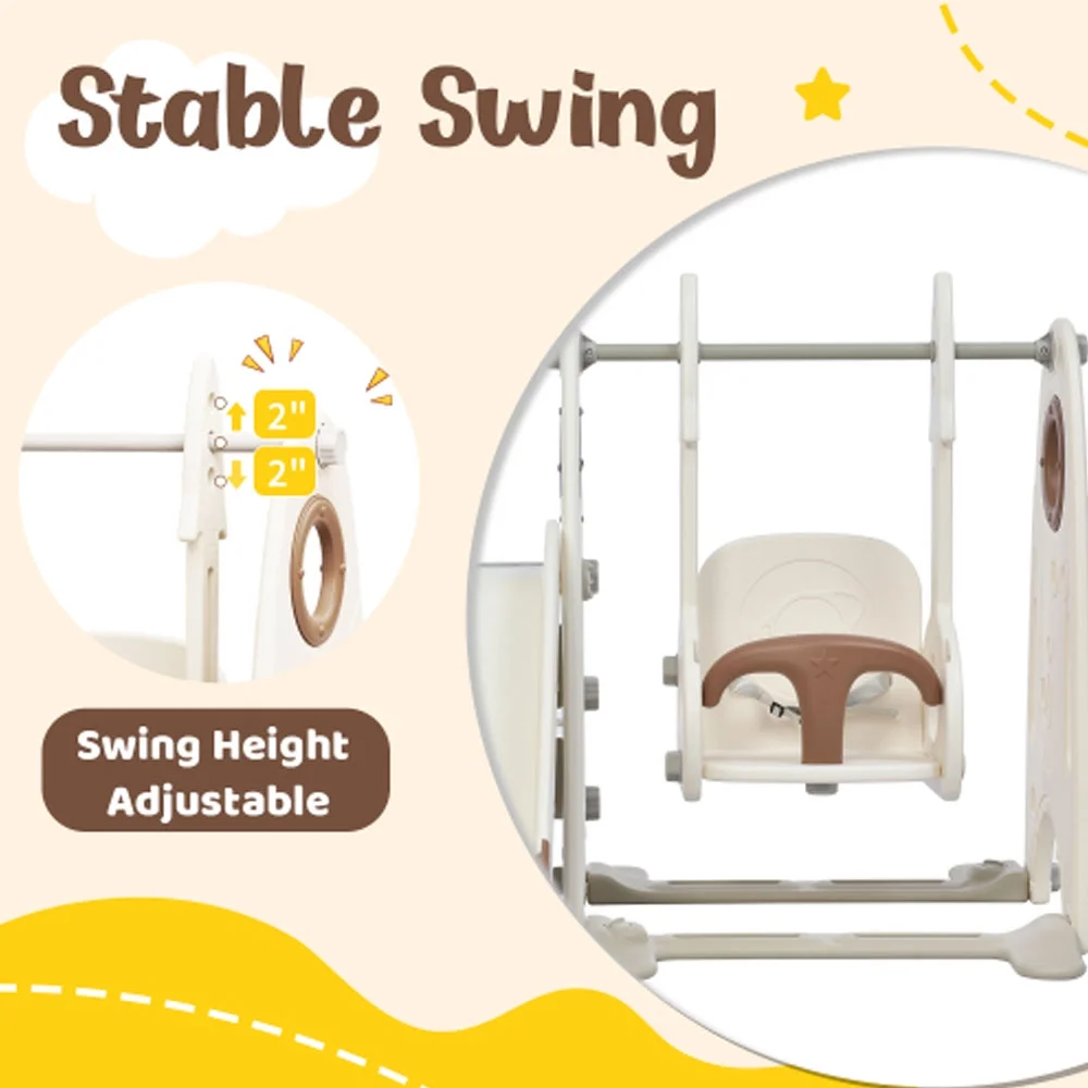 4 in 1 Slide and Swing Set, Kids Playground Climber Slide Playset with Basketball Hoop,Freestanding Combination - Coffee