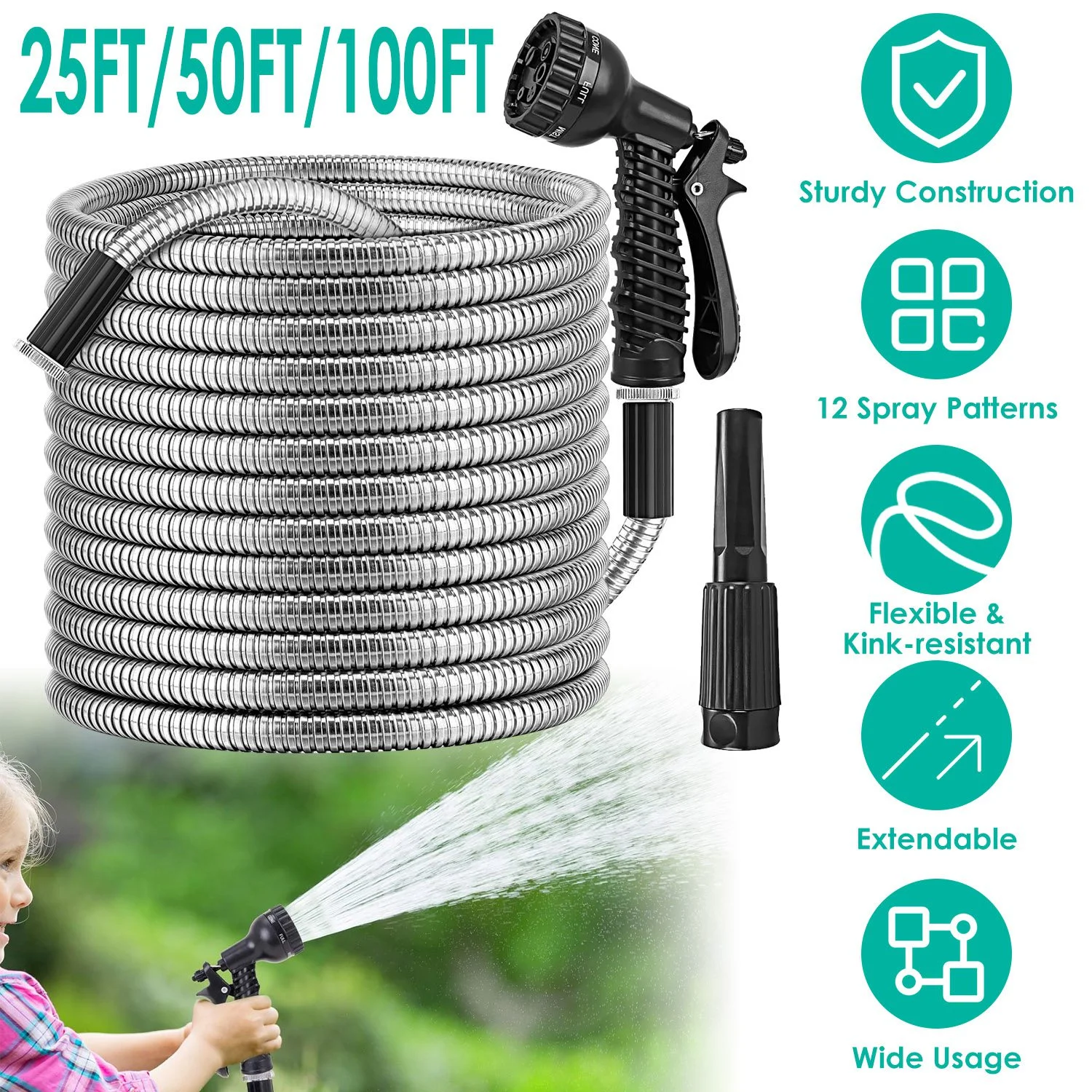 iMounTEK 25ft Garden Watering Hose Kit Stainless Steel, with 2 Nozzles 12 Patterns Flexible Extendable