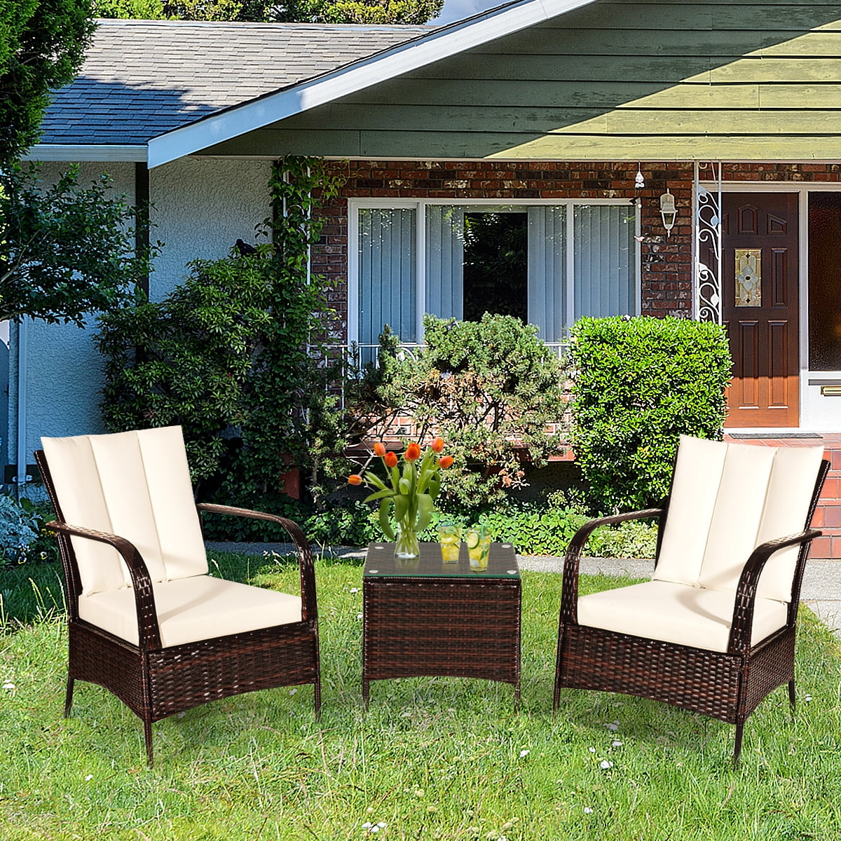 Boyel Living 3 Pcs Patio Conversation Set Rattan Furniture Set PE Rattan Chairs Set and Table, White