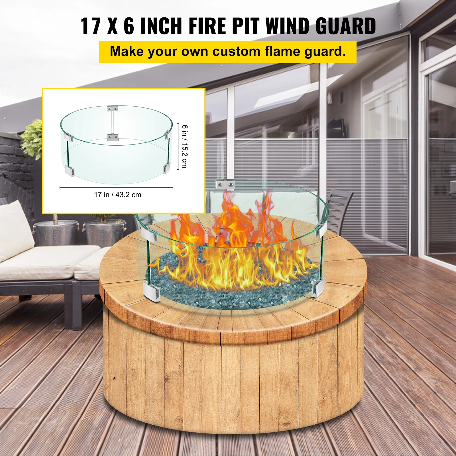 SKYSHALO Fire Pit Wind Guard, 17 x 17 x 6 inch Glass Flame Guard, Round Glass Shield, Clear Tempered Glass Flame Guard, 1/4-Inch Thick Fire Table, Steady Feet Tree Pit Guard