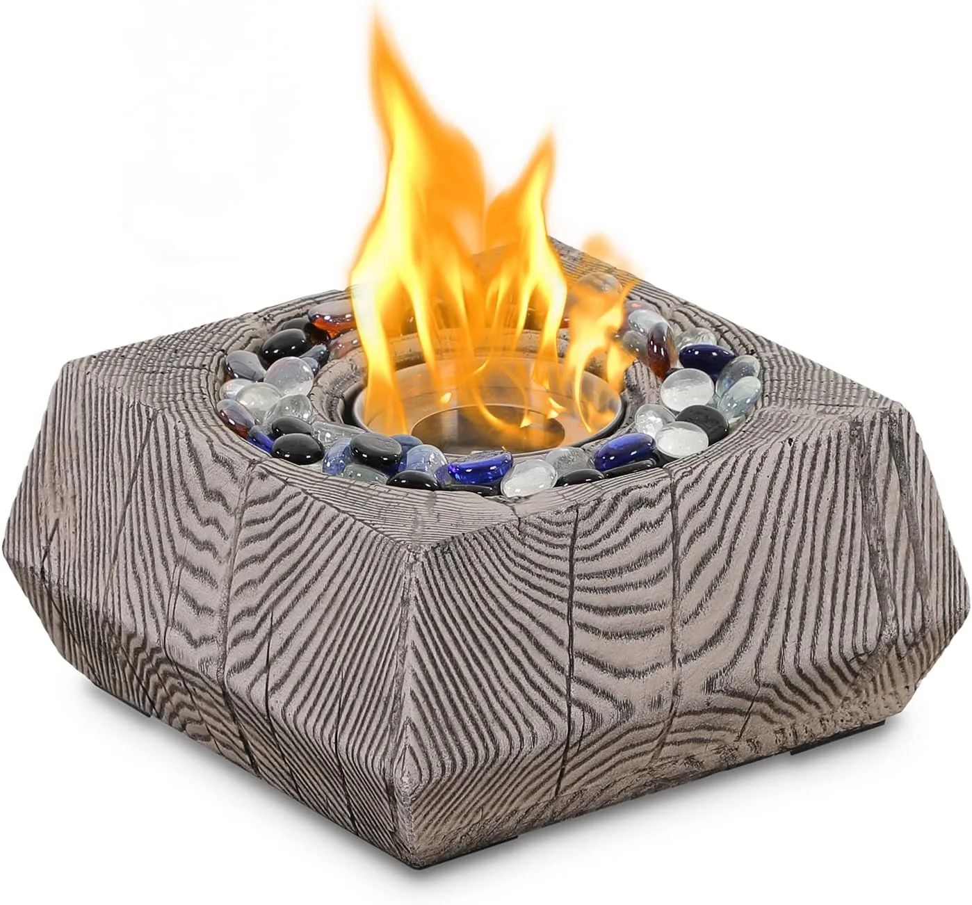 Tabletop Fire Pit Bowl Indoor Outdoor Portable Fireplace with Extinguishing Cover and Colorful Glass Beads, Dark Grey