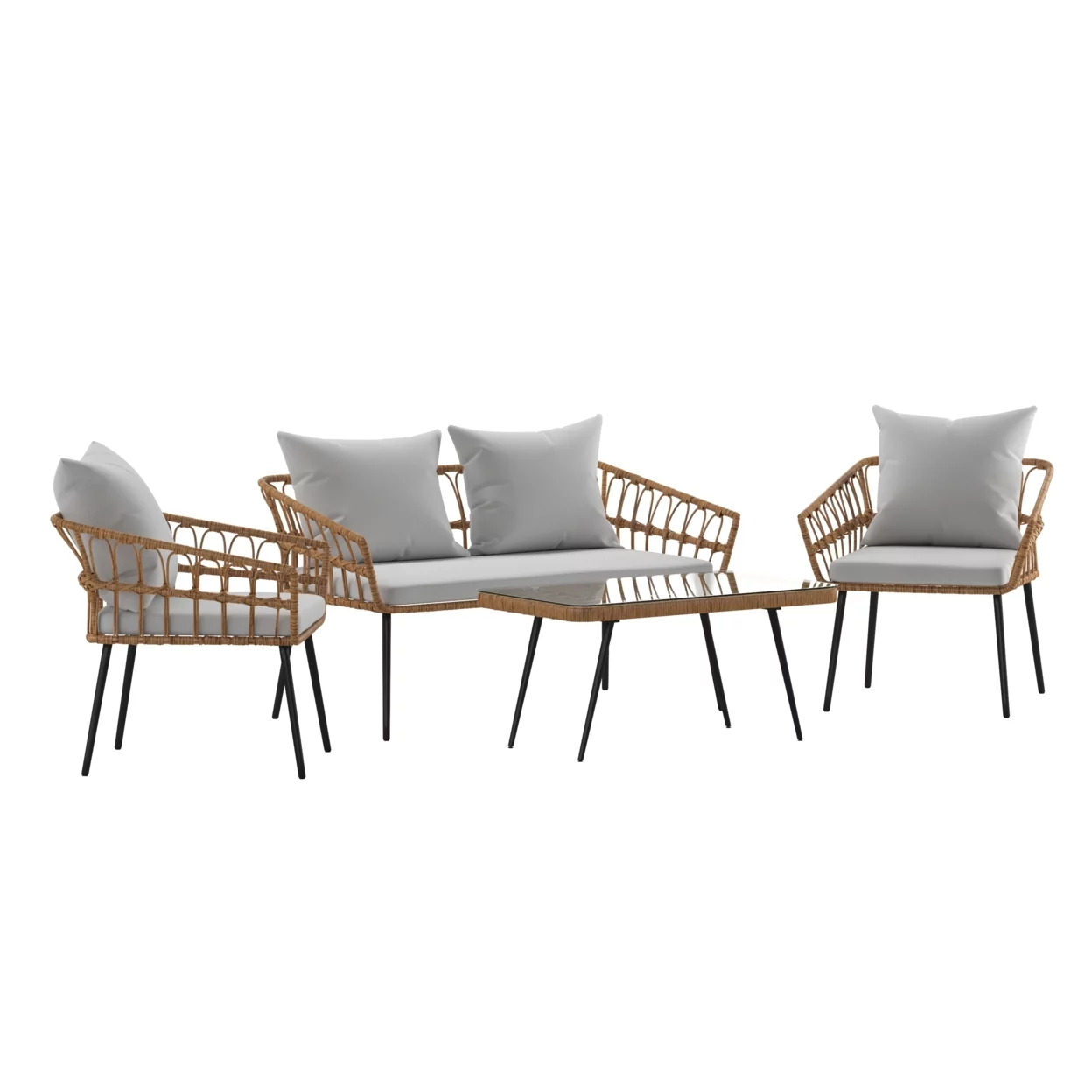 Flash Furniture Evin Boho 4 Piece Indoor/Outdoor Rope Rattan Patio Conversation Set with Tempered Glass Top Coffee Table and Gray Cushions, Natural