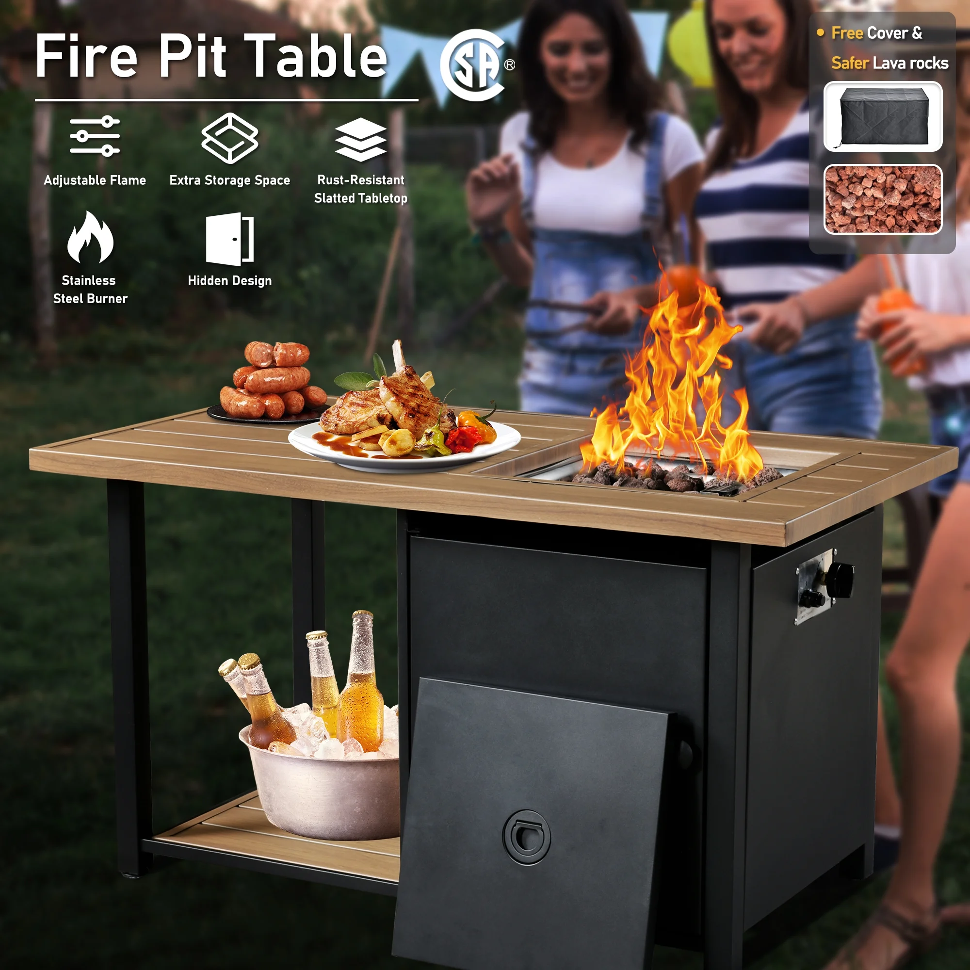 HOOOWOOO Patio Furniture Set All Weather Rattan Wicker Conversation Set with Smokeless Fire Pit Table,Diamond Blue