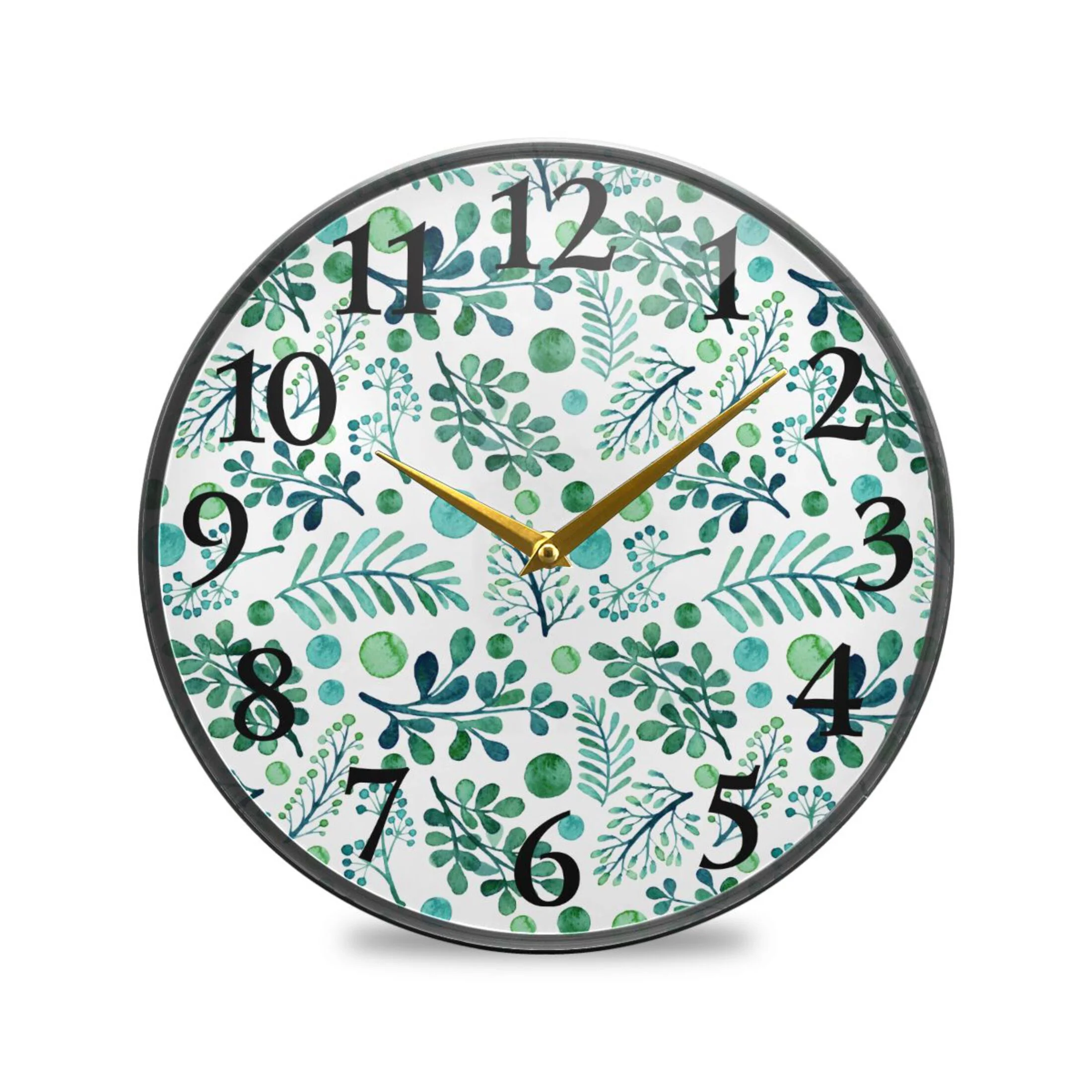 Watercolor Green Leaves Wall Clocks Battery Operated 11.9 Inch Round Clock Acrylic Silent Non-Ticking Bedroom Living Room Decorative Clocks