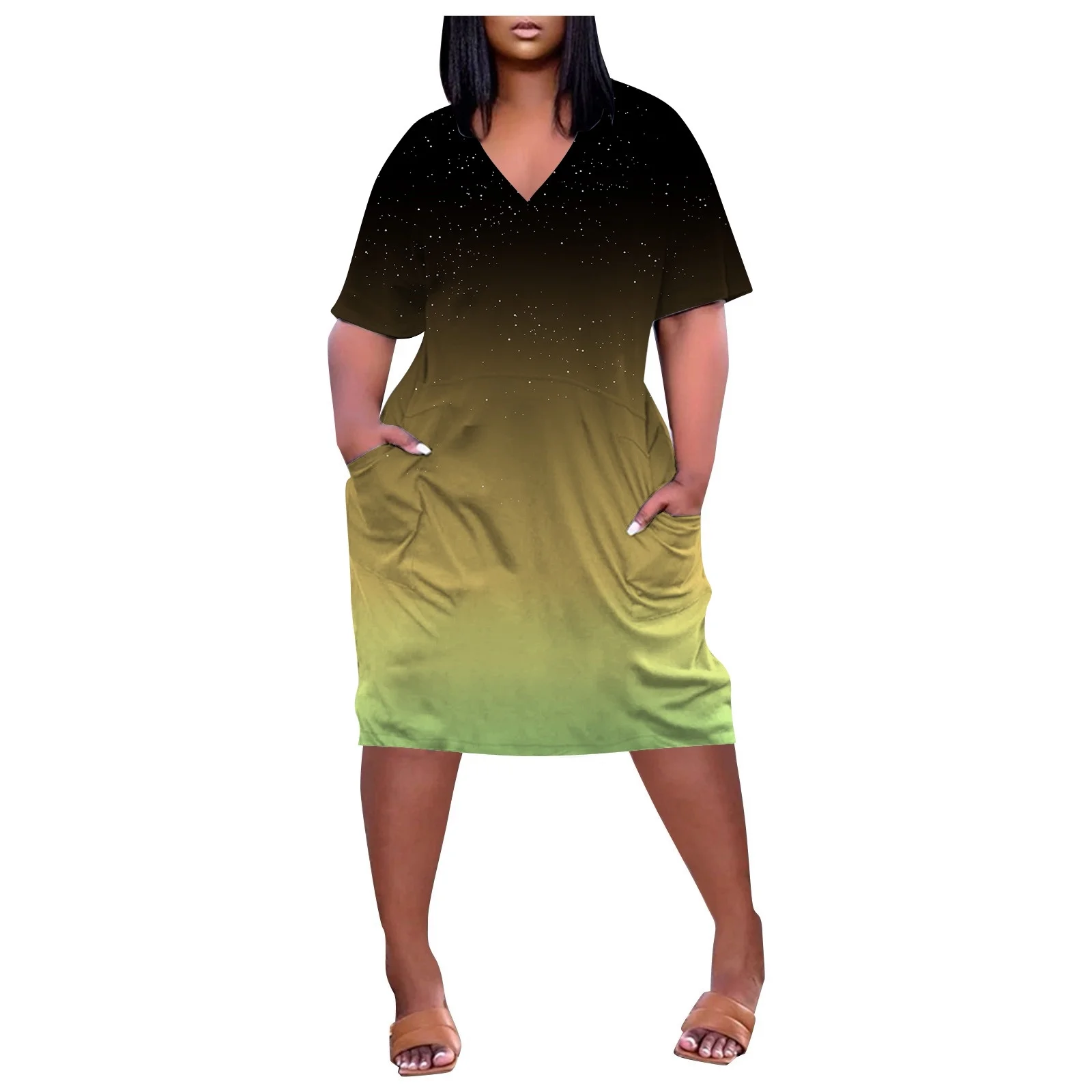 Autumn Cargo Skirt Women'S Large Size Gradient Printed V Neck Comfortable Loose Dress Short Sleeved Knee Length Dress With Pockets Skirts For Women Trendy Summer